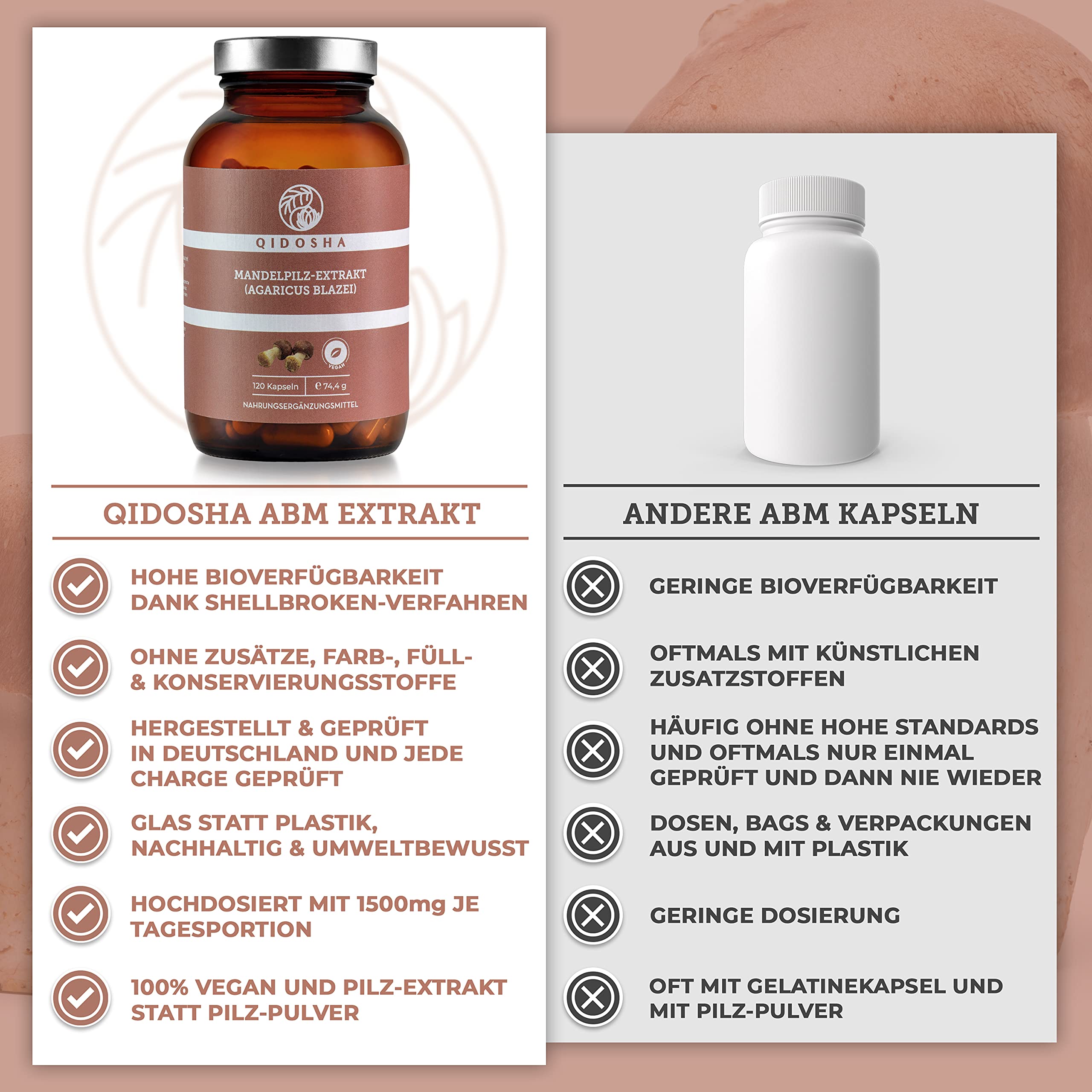 QIDOSHA® Agaricus 30:1 Extrakt Kapseln, 120 Stk, 1500 mg Mandelpilz Extrakt je Tagesportion, Agaricus Blazei Murill Kapseln hochdosiert, Mandelpilz Extrakt Kapseln, vegan, laborgeprueft