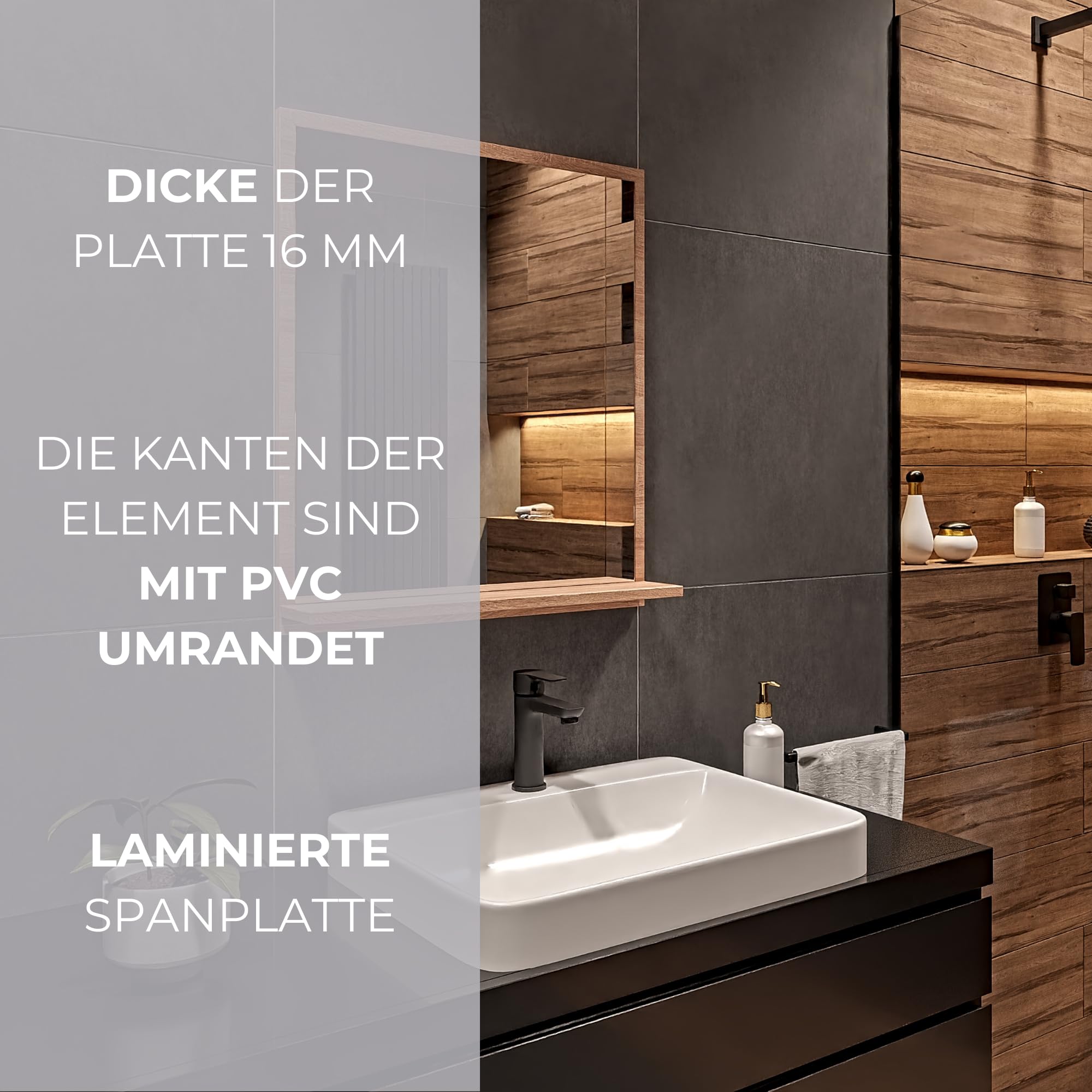 Lustro łazienkowe z półką 60x70 cm sonoma – nowoczesne lustro do łazienki na ścianę – prostokątne lustro z półką – lustro łazienkowe wiszące premium