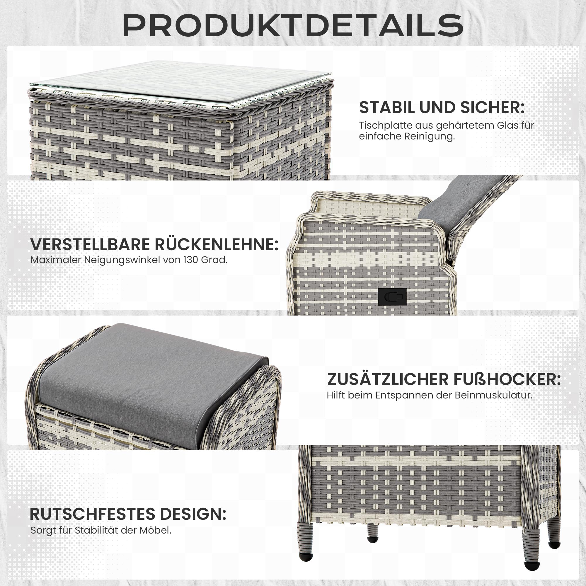 5-teiliges Rattan-Gartenmöbel-Set, Terrassen-Gesprächssets mit 2 Stühlen, 2 Fußhockern und 1 Tisch, verstellbaren Rückenlehnen und weichen Kissen, für Terrassen, Gärten und Innenhöfe, grau