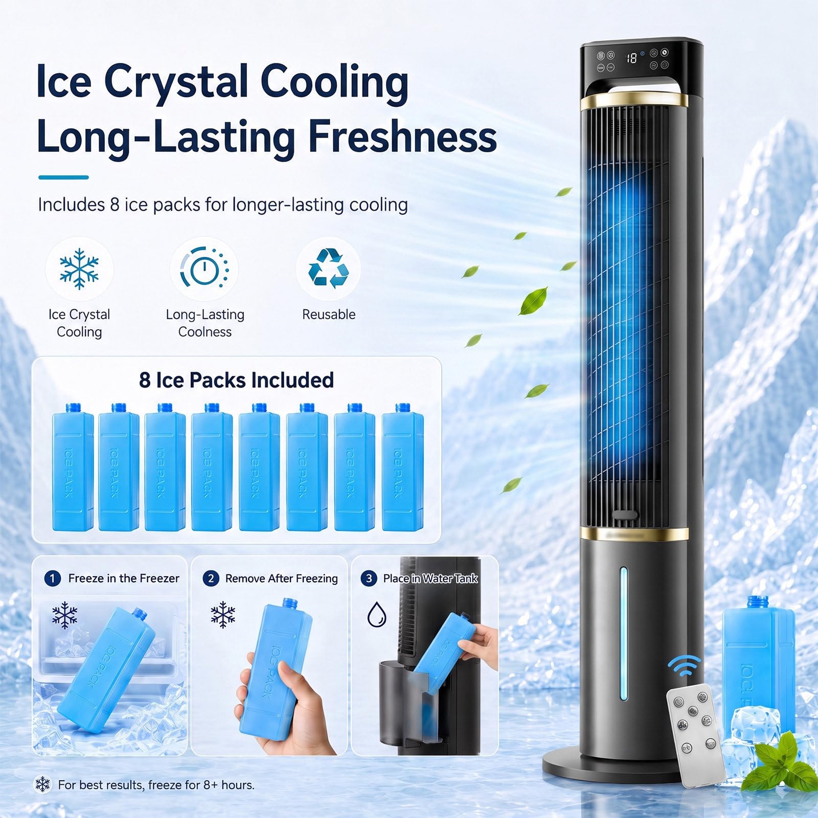 Aire Acondicionado Portátil, Climatizador con 3 Velocidades, Timer 12h | Ventilador de Torre Silencioso con Acumuladores de Hielo, Humidificador, Pantalla Táctil, Mando y Oscilación