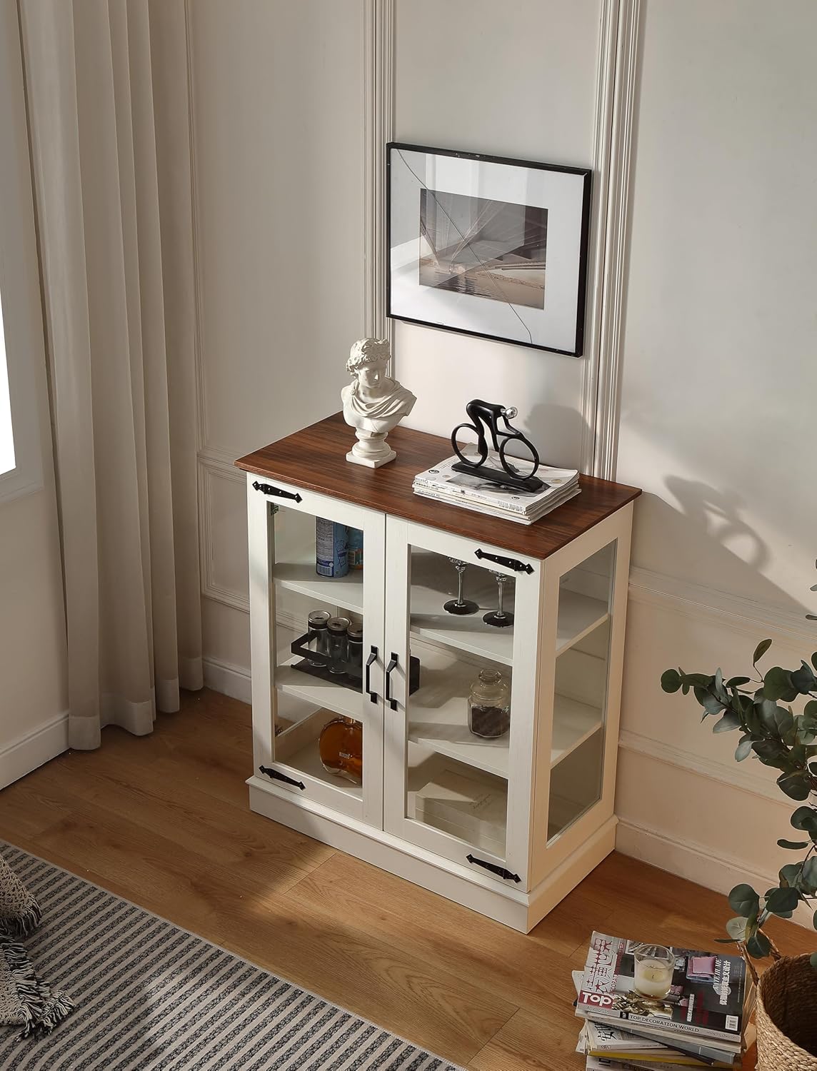 FOREST GRAVITY 31.5'' Small Display Buffet Cabinet with Glass Doors for Great Showcase,Small Coffee bar Cabinet with one Adjustable Shelf and one Fixed Shelf,Modern Sideboard Buffet,Antique White