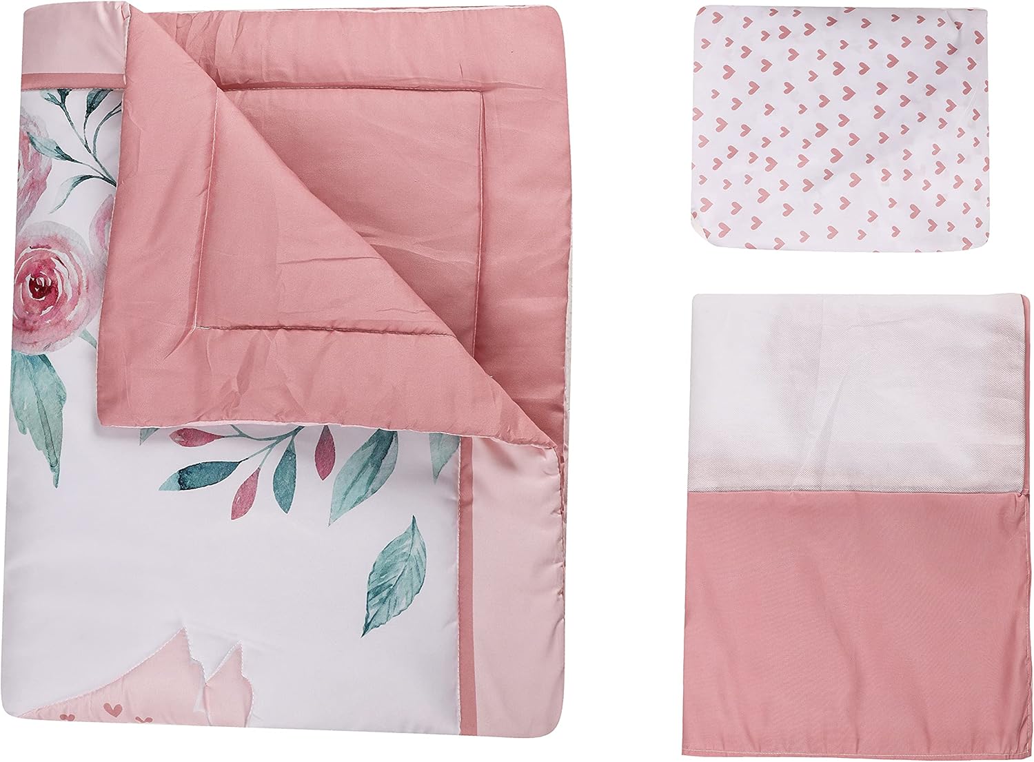 JAHbaby 3 PCs Pink Floral Swan Nursery Crib Bedding Set Quilt Skirt Fitted Sheet Princess Girl Rose Swan Cot Bedding Set, 28 X 52