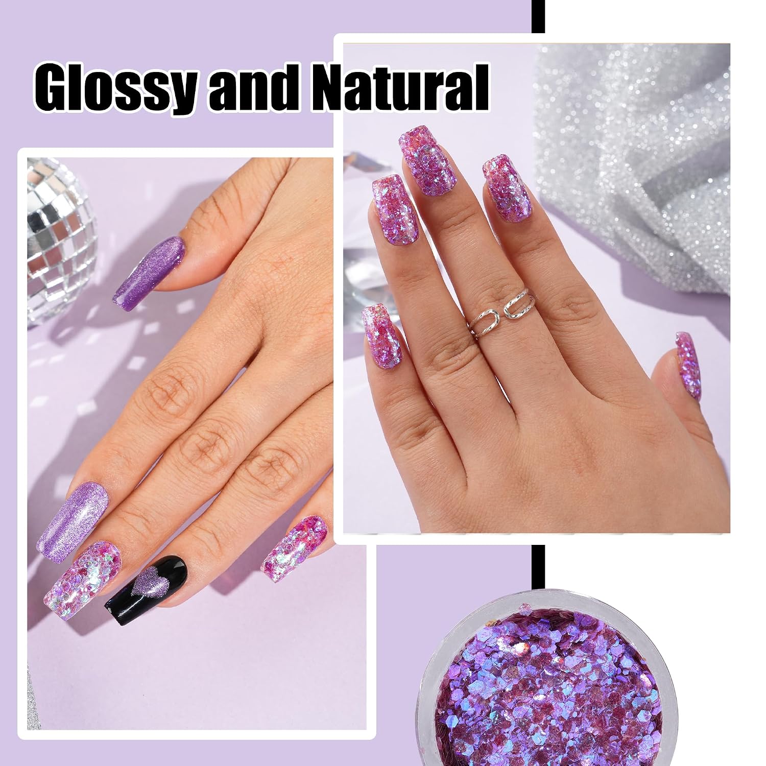 EODCI Glitter Purple Dip Powder, Orange Glitter Dip Powder Nail Color Refills, 1oz/28g, Pro Dipping System for Nail Art DIY at Home/Salon