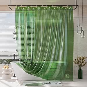 AmazerBath Clear Green Shower Curtain Liner, 100% EVA Heavy Duty 2-in-1 Curtain and Liner, 72x72 Inches, 12 Rustproof Brass Grommets & 3 Weighted Stones