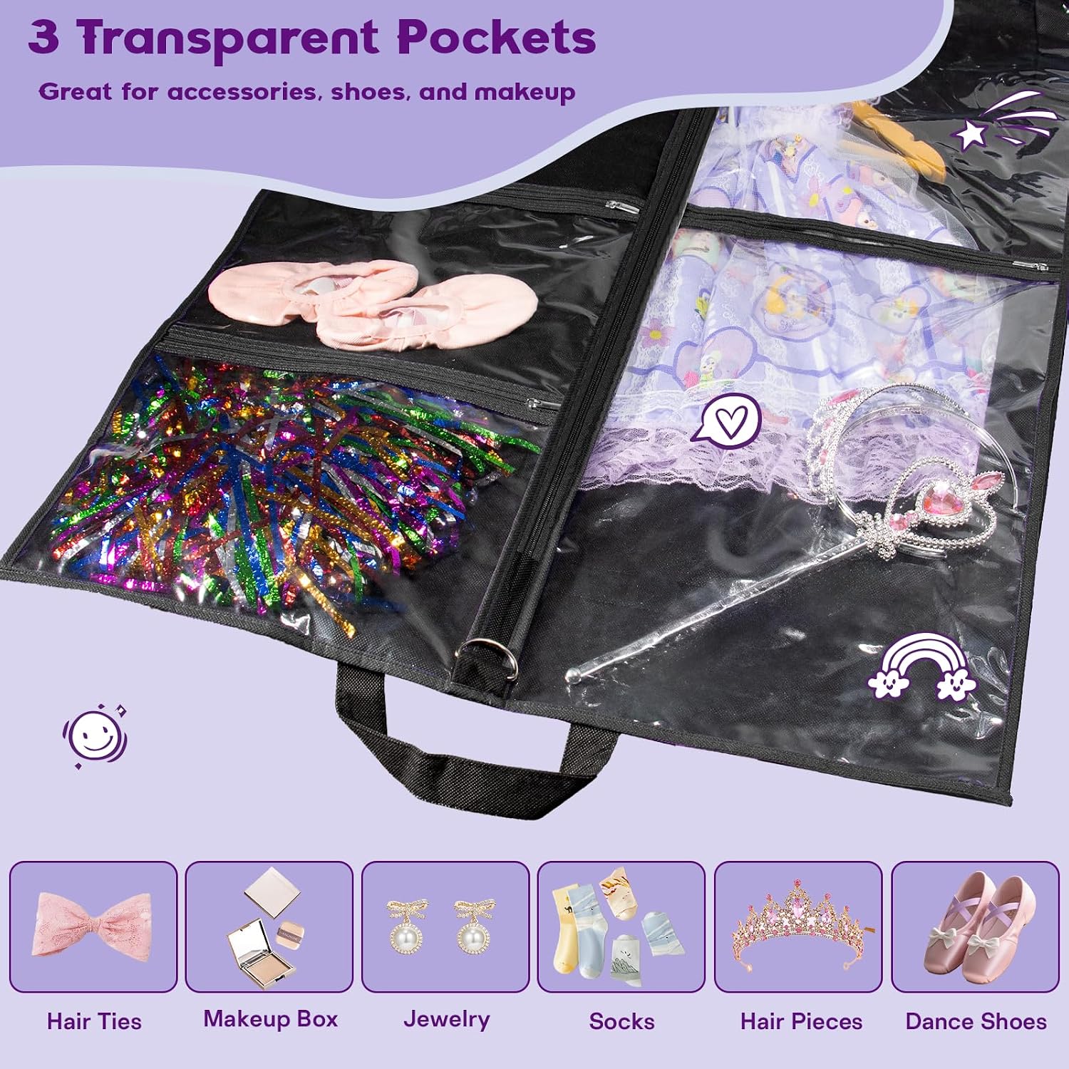 Dance Garment Bags with 3 Clear Zipper Pockets, Cheer Garment Bags for Cheerleading Uniform, 40" Garment Bags for Hanging Clothes, Suits, Travel & Sports Jersey, Cheer Uniform (Black, 1Pack 40")