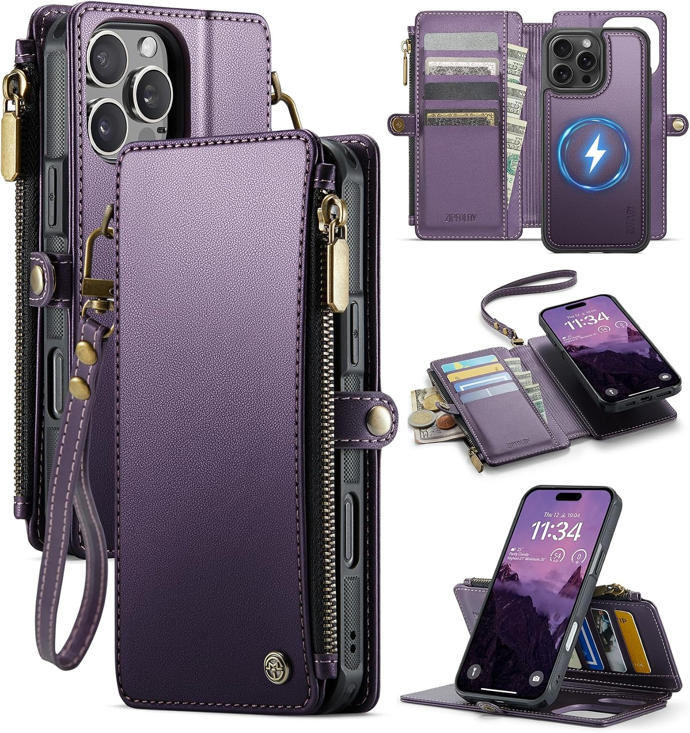 for iPhone 16 Pro Max - Phone Case Wallet Magnetic, Purple | Compatible with Magsafe, Detachable, RFID Blocking Card Holder, Zipper Pocket, Wrist Strap, for Women Men, Durable Leather