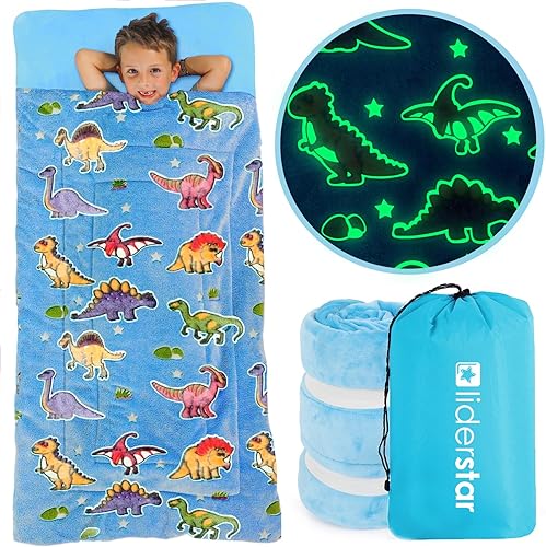 liderstar Saco de dormir de dinosaurio – Saco de dormir acogedor para niños y niñas de 2 a 12 años – Diseño de dinosaurio que brilla en la oscuridad