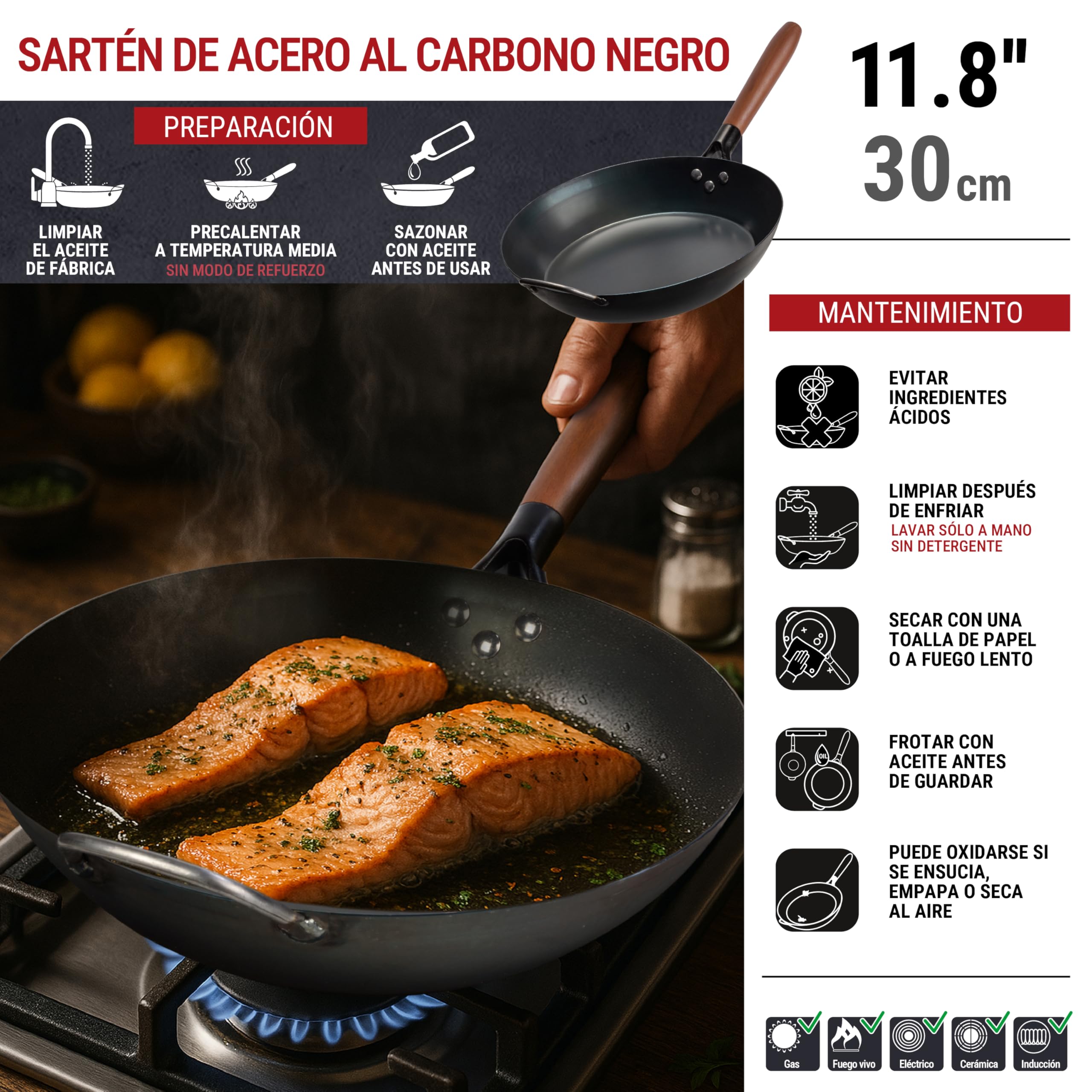 YOSUKATA Sartén 30 cm de Acero al Carbono sin Revestimiento Antiadherente
