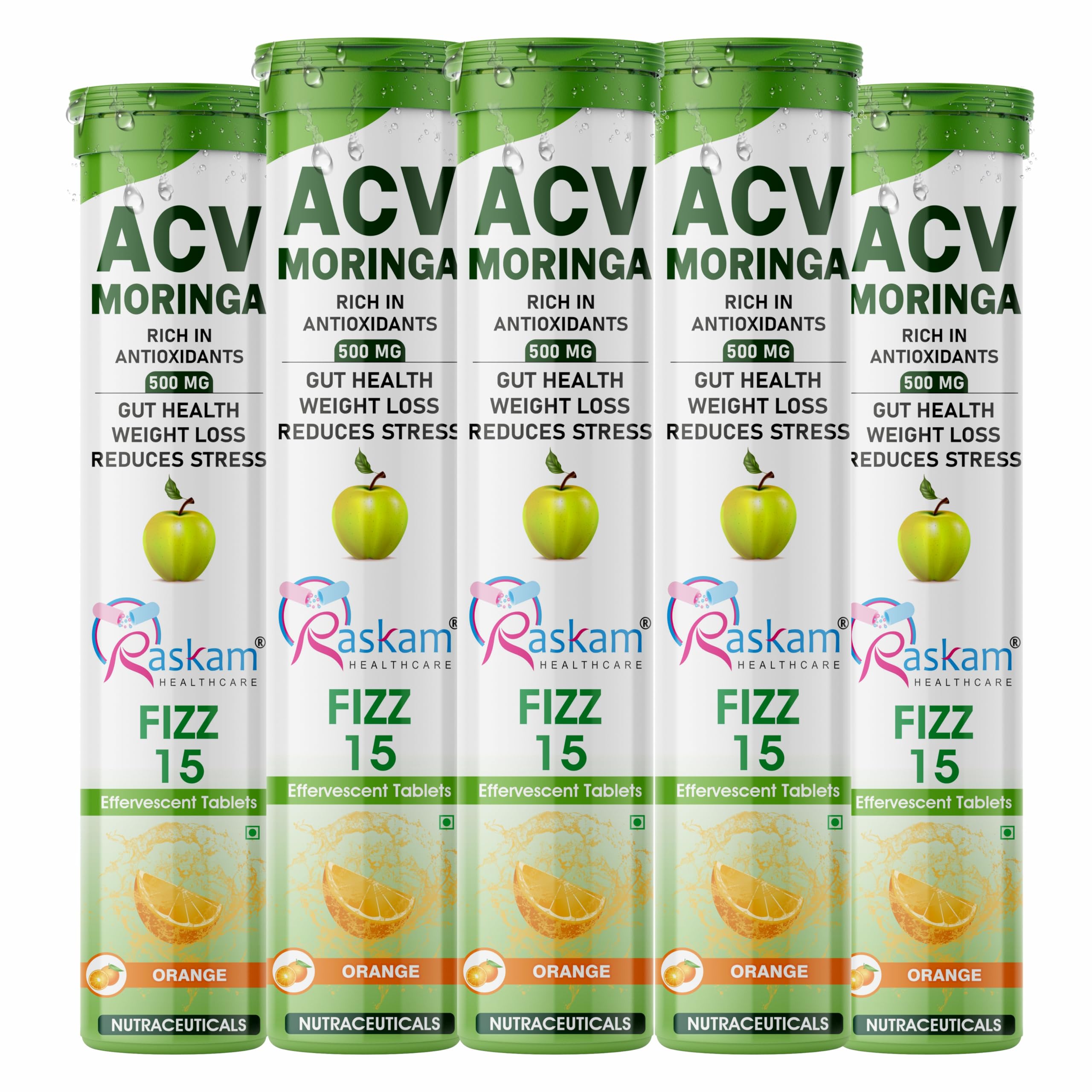 HEALTHCARE ACV Moringa 15 Effervescent Tablets 500 Mg Apple Cider Vinegar With No Added Sugar For Gut Health | Weight Loss | (Pack of 5, Orange)