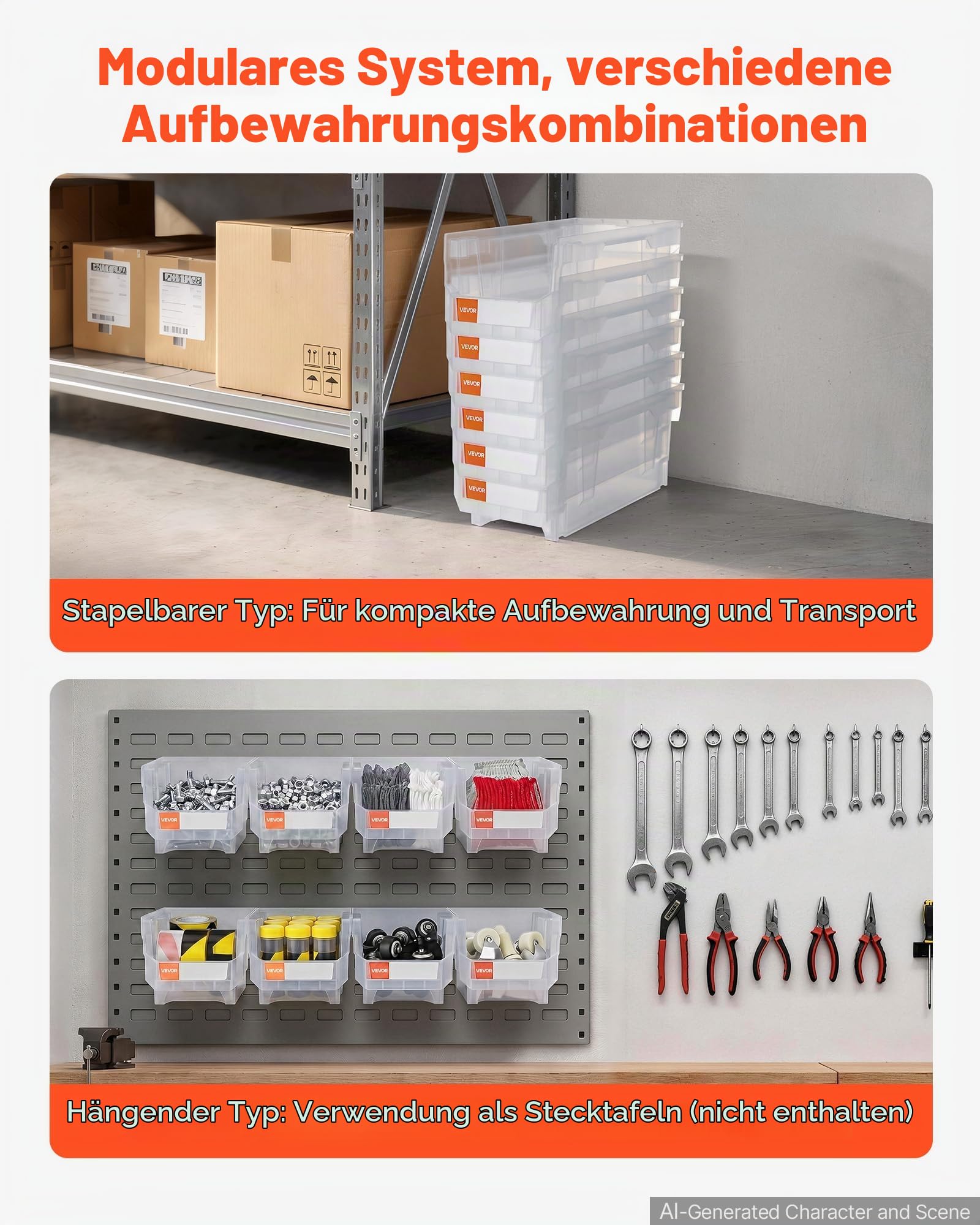 VEVOR Stapelboxen, 377 x 215 x 180 mm (6er-Pack), Sichtlagerboxen zum Organisieren & Aufbewahren, Sichtlagerkasten für Schränken, Garagen, Kleinteilen, Bürobedarf & anderem Zubehör, transparent