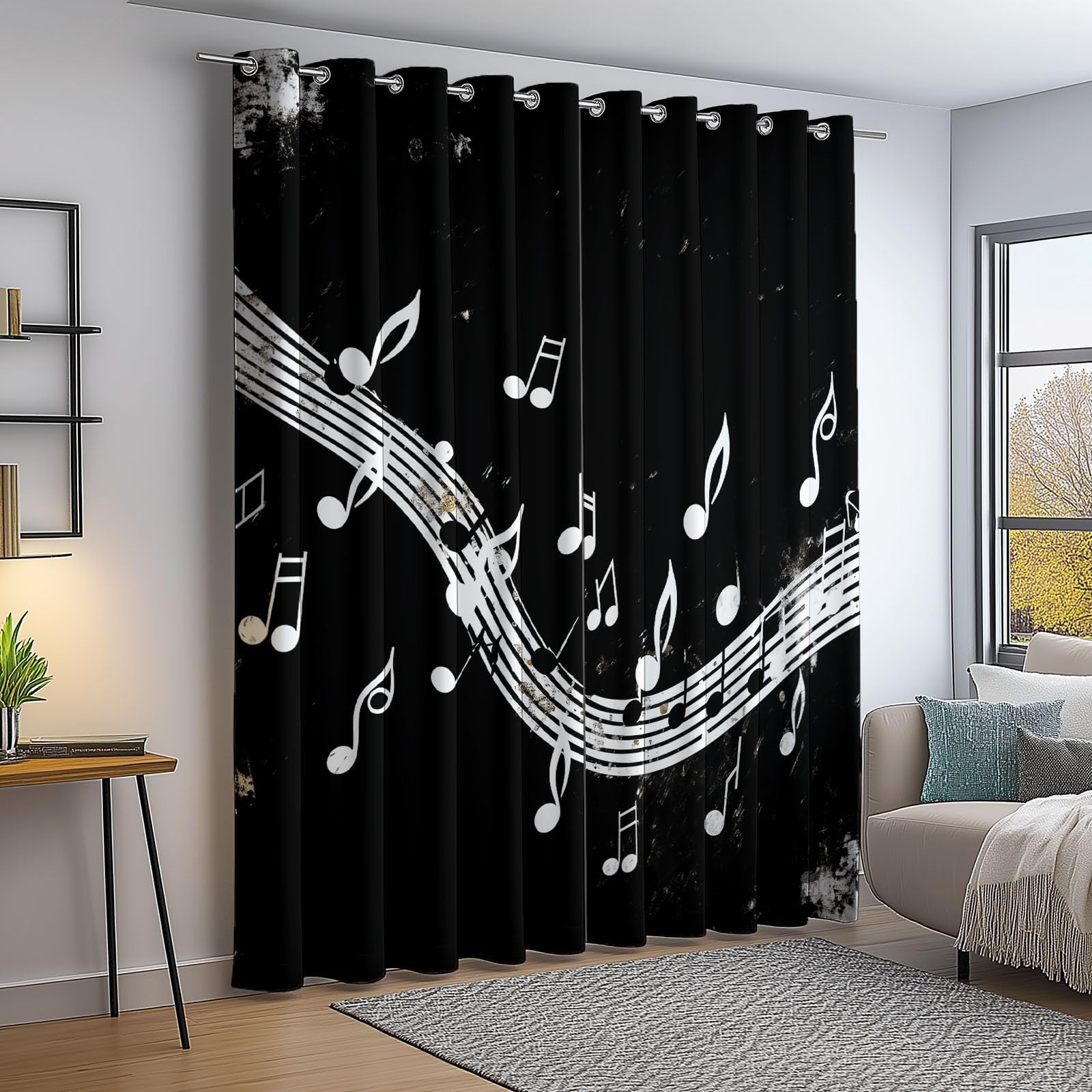 Rideaux Longs 140L X 260H cm (2 Panneaux), Notes De Musique Simples Imprimé, Tissu Occultant Épais pour Grand Salon et Loft, Noir