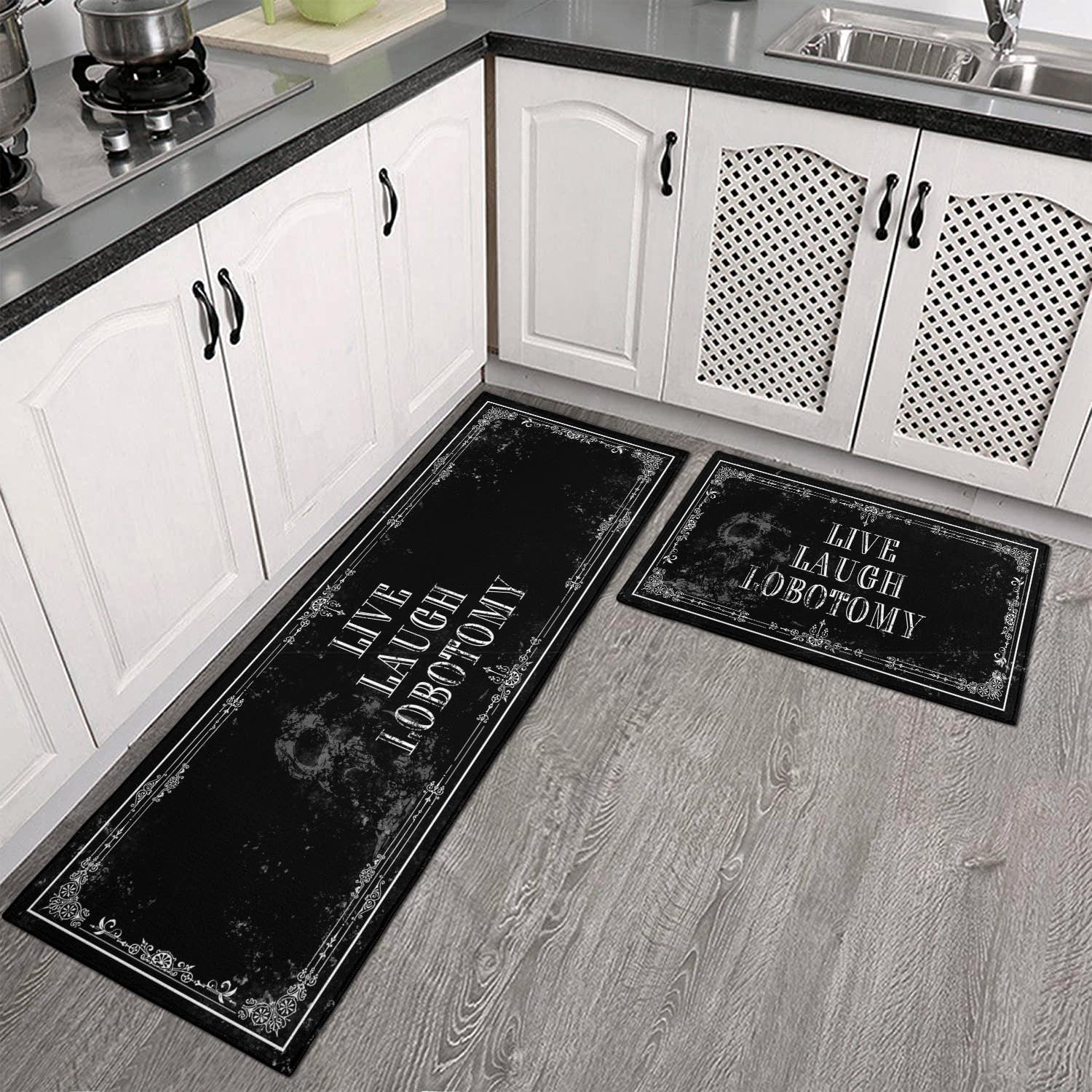 Goth Kitchen Mat Set of 2 - Non Slip Halloween Spooky Kitchen Rugs Black Goth Rug Skull Witchy Rug for Home Kitchen - Live Laugh Lobotomy Sign - Halloween Gothic Kitchen Decor Accessories