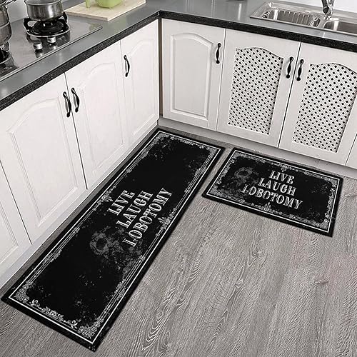 Miniatura 2 de Juego de 2 Alfombrillas de Cocina Góticas - Alfombras de Cocina Antideslizantes de Halloween Espeluznantes Negras Alfombra Gótica de Calavera