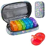 Serfeymi Weekly Travel Pill Organizer 2 Times A Day AM PM Upgraded Rainbow Pill Box 7 Day with Portable Zipper PU Leather Pill Case, Medicine Organizer for Pills, Vitamins, Fish Oils - Floral 02