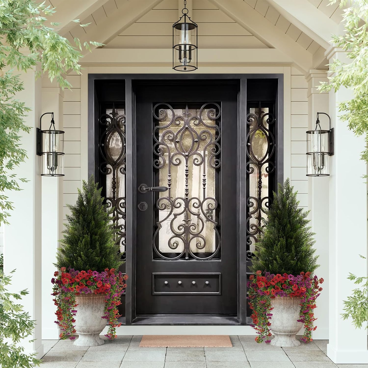 Artificial Topiary Cedar Trees 3FT Tall 2 Set with 12 Bundles Faux Silk Flowers, Outdoor Indoor Faux Pine Shrubs Plants, Fake Bushes Plants for Home Front Porch Door Patio