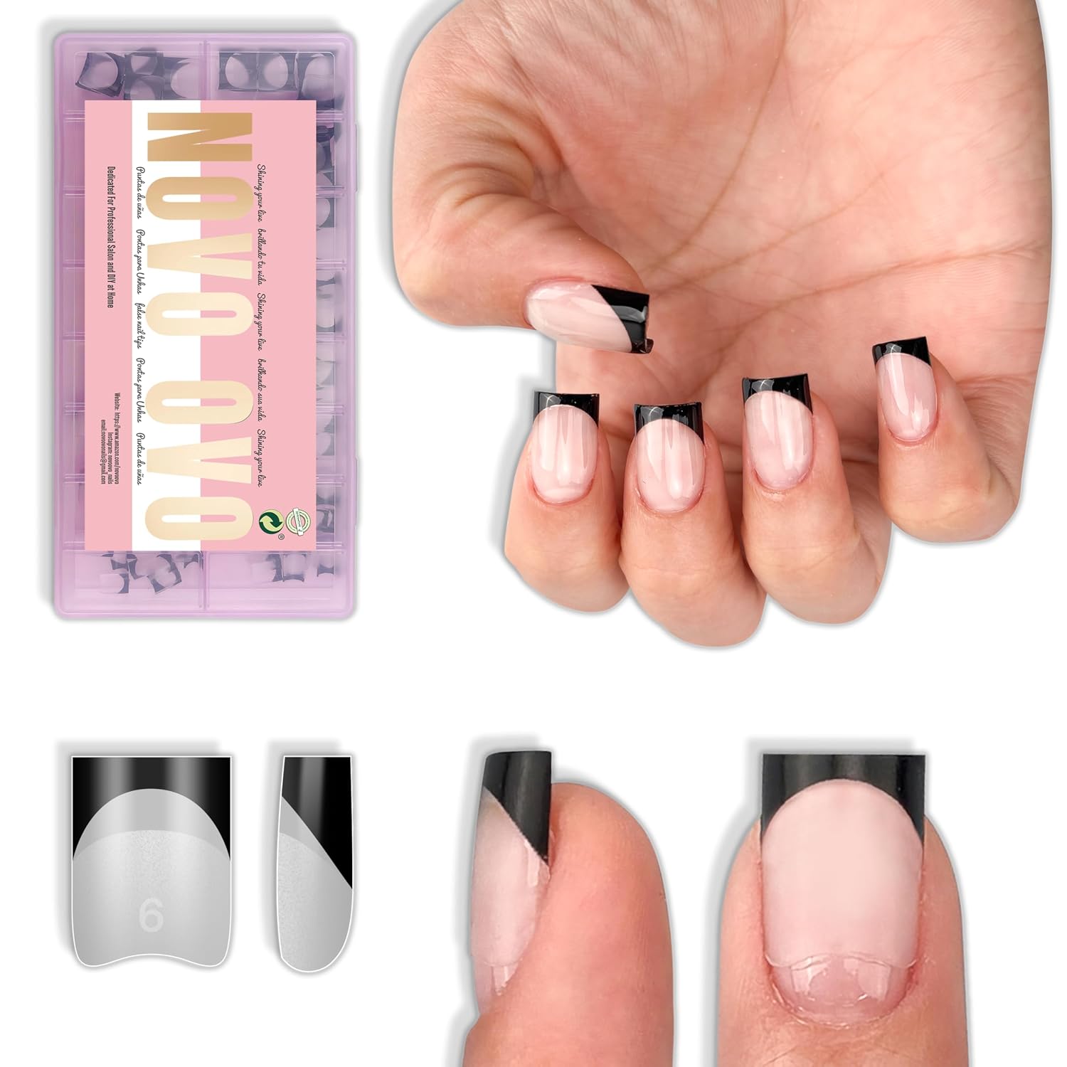 NOVO OVO Black French Tip False Nail Tips - 224 Pcs