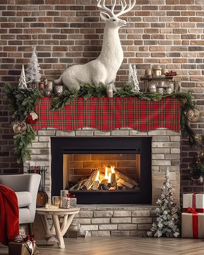 Miniatura 2 de Bufanda de Navidad a cuadros para chimenea, cubierta de bufanda para chimenea, estante superior, bufanda de corredor, rojo y verde, para invierno,