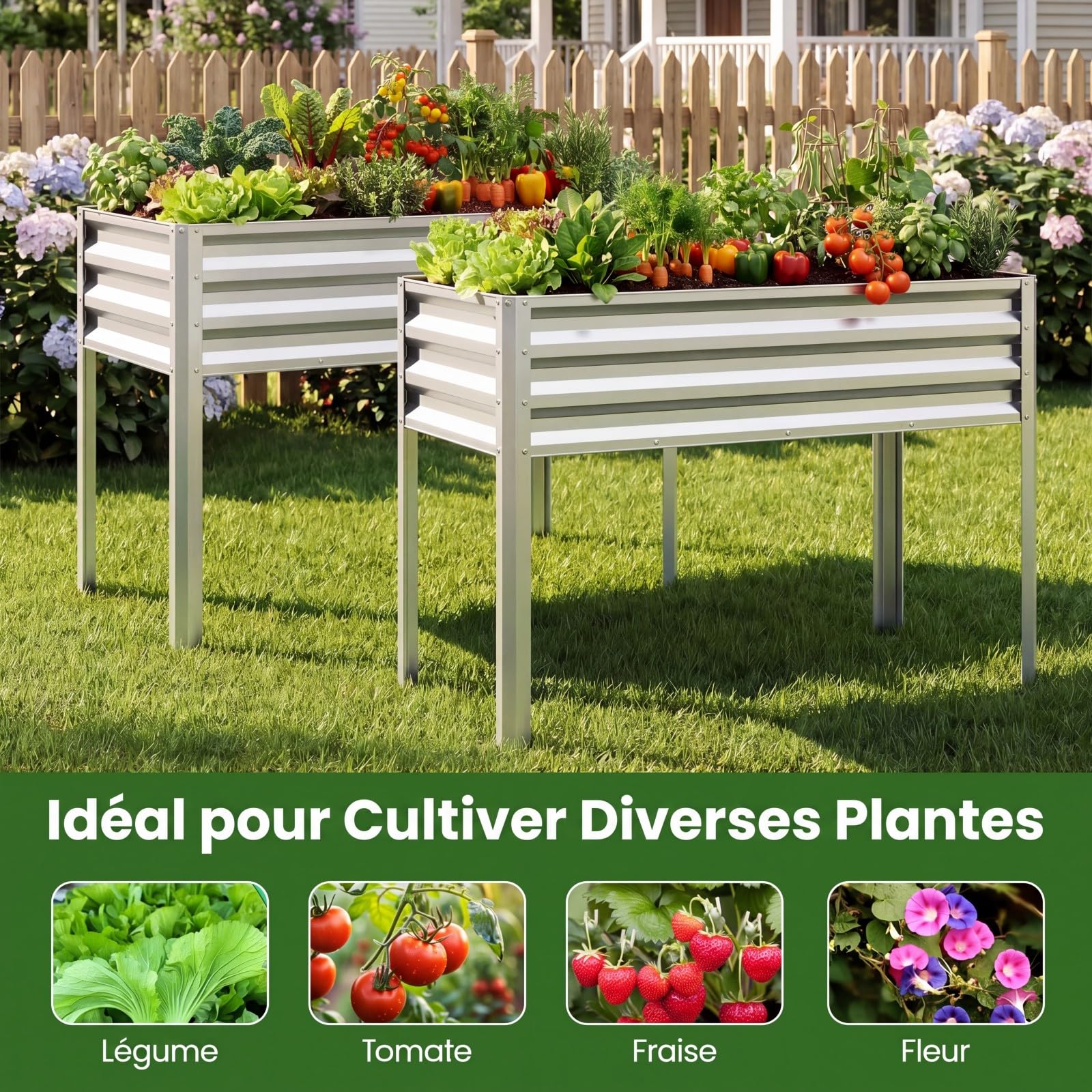 COSTWAY Jardinière Surélevée en Métal 142 L, Carré Potager sur Pied avec Trous Drainage, pour Balcon Terrasse Cour, Lit de Jardin Surélevé pour Légumes Fleurs Fruits, 112 x 55 x 81 cm (Argent)