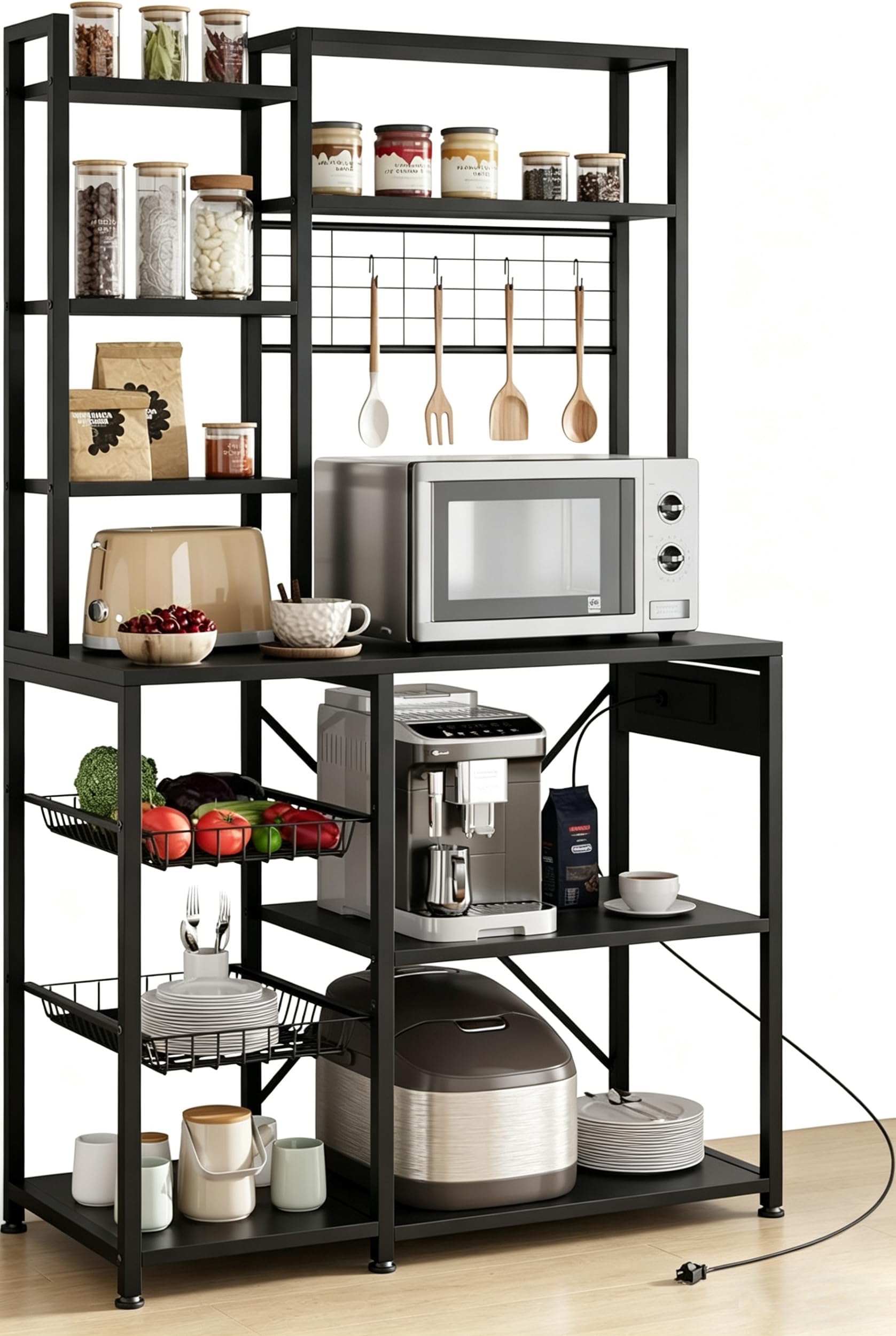 GarveeHome Küchenregal mit 6 Ebenen & Steckdosen – LED-Beleuchtung, Metall-Obstkorb, 4 Haken – Backofenregal für Mikrowelle, Kaffeestation, Esszimmer – Modernes Design – Black