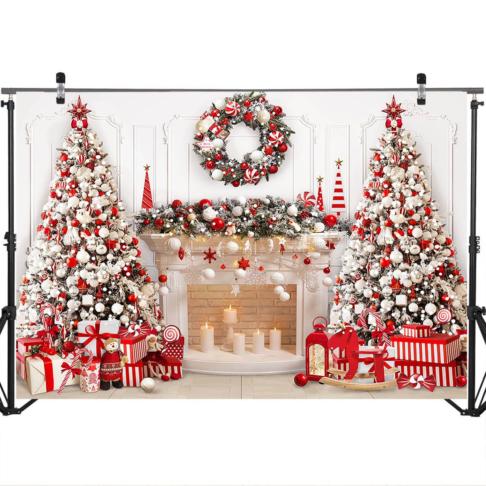 Avezano Sfondo natalizio con albero di Natale rosso e camino, sfondo invernale per foto di famiglia e bambini, decorazioni per feste (3 x 2,1 m)