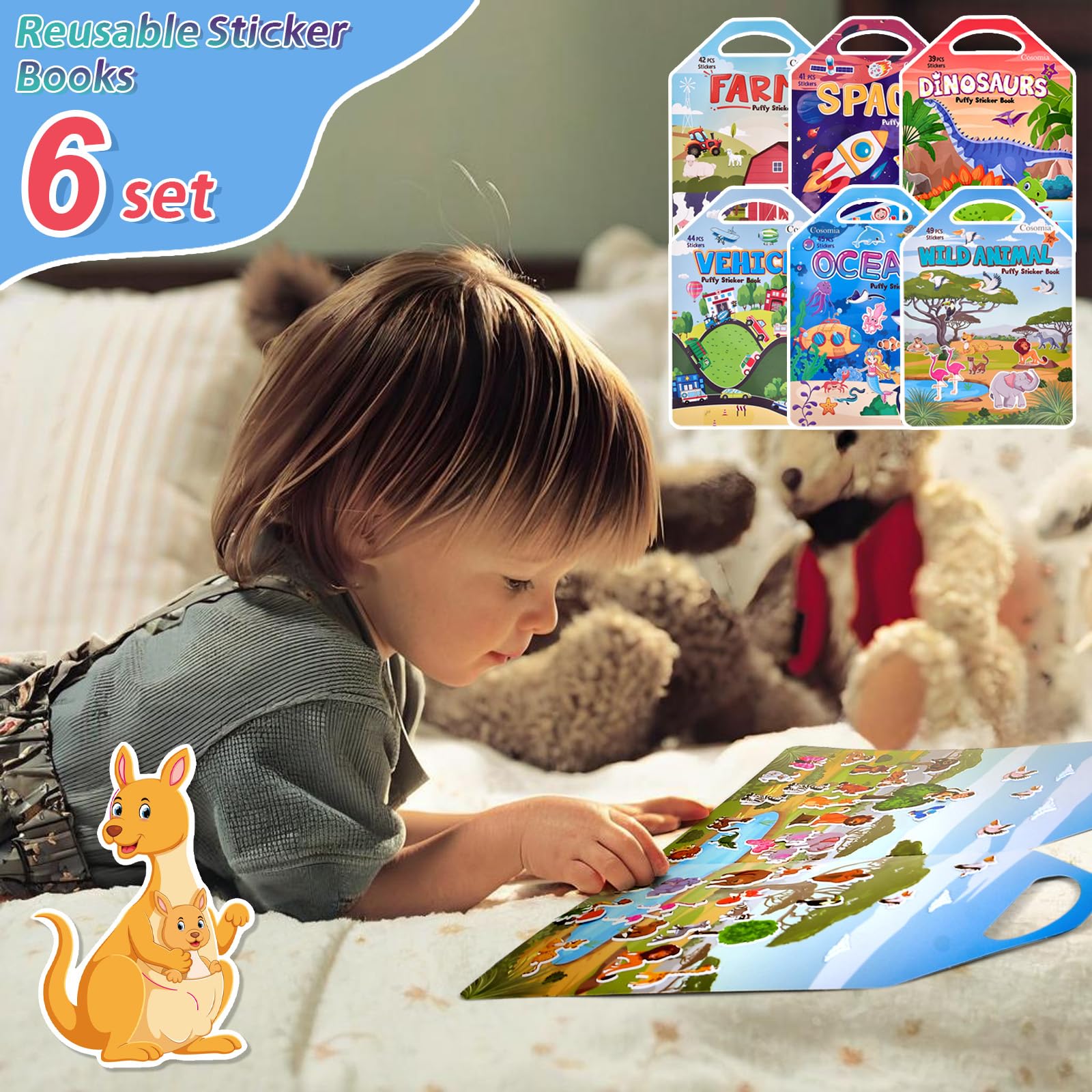 Zestaw 6 pufiastych naklejek dla dzieci, zwierząt, gospodarstwa, dinozaurów, kosmosu, pojazdów, oceanu, naklejek wielokrotnego użytku 3D dla chłopców i dziewcząt, naklejki podróżne dla dzieci w wieku