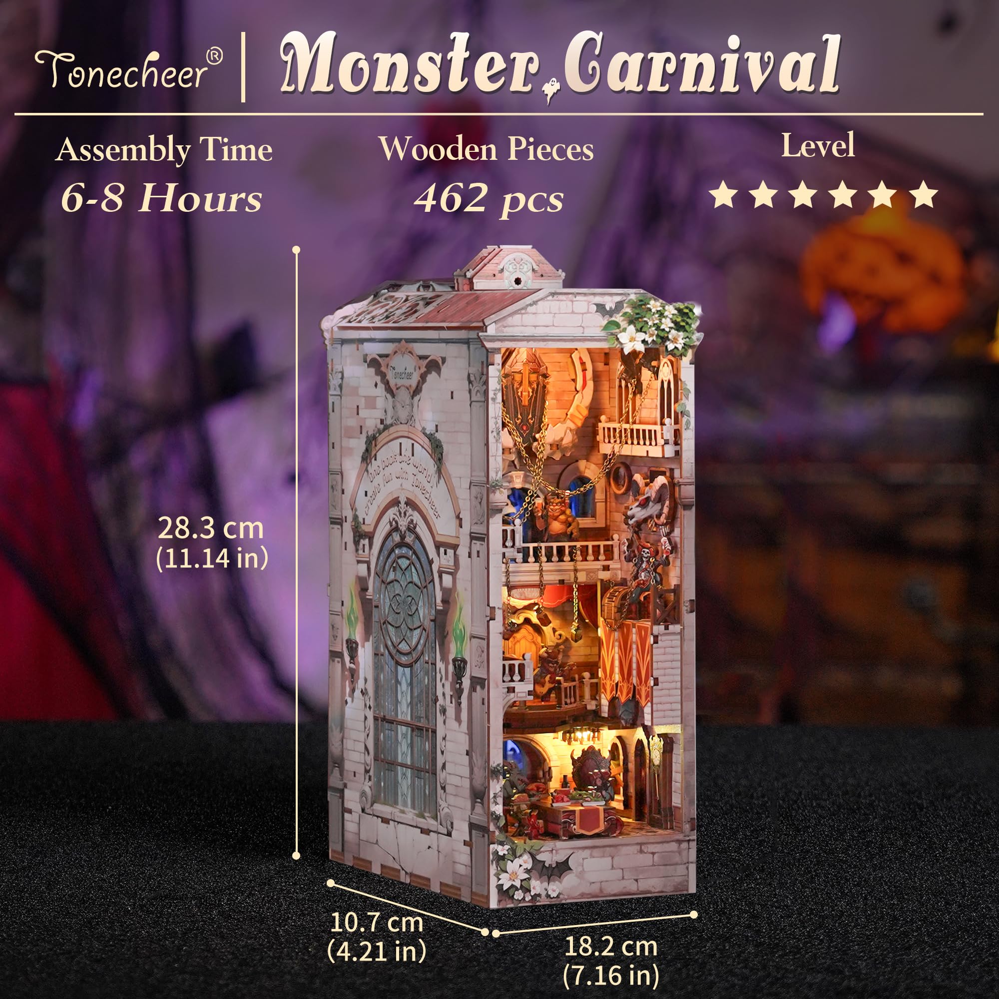 Tonecheer Book Nook Kit 3D, drewniane puzzle DIY, model dla dorosłych, miniaturowy dom ze światłem, uroczy prezent (karnawał potwora)