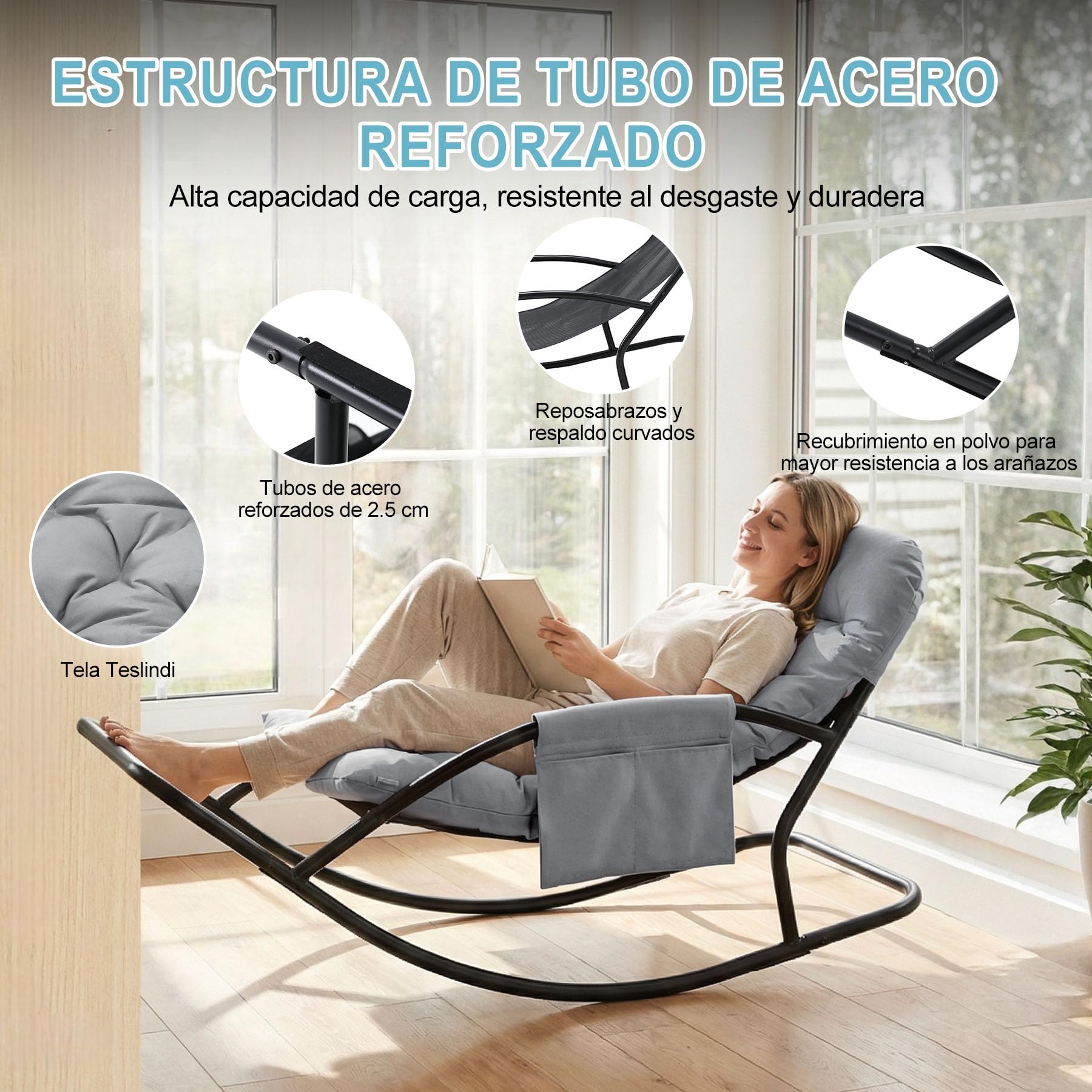 Sillón Mecedor Exterior, Silla Mecedora Papasan con Cojín y Estructura de Metal, Soporte para Pies, para Dormitorio, Salón, Terraza, Jardín, Balcón, Capacidad de Carga 120 kg, Tela técnica