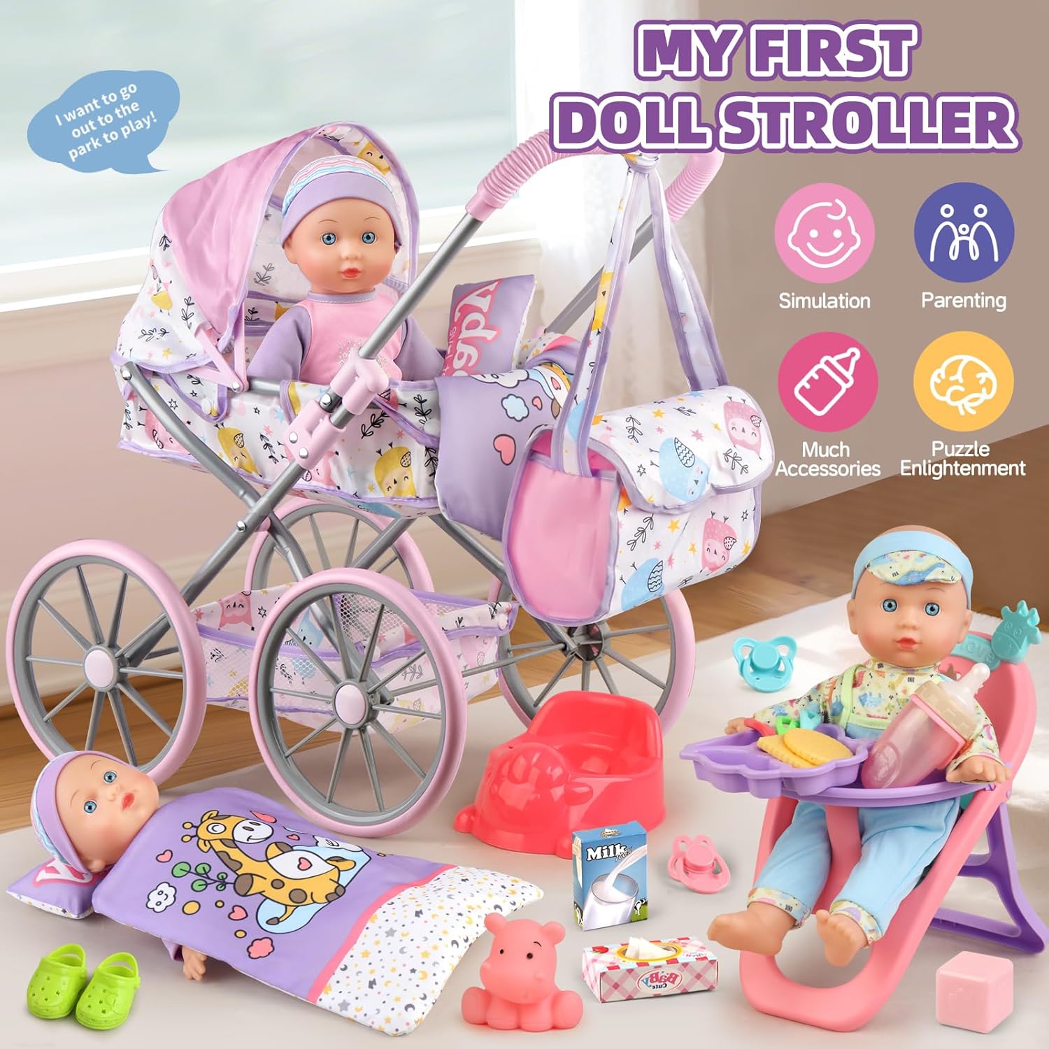 Baby Doll Stroller Playset for Girls Toddlers 3-5 4-6 5-7 Year Old to Play House Games. Stroller Toy with 12.5" Baby Doll, Dining Chair, Quilt Pillow, 24 PCS Doll Accessories and 2 Sets Clothes.