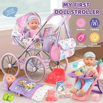 Baby Doll Stroller Playset for Girls Toddlers 3-5 4-6 5-7 Year Old to Play House Games. Stroller Toy with 12.5 Baby Doll, Dining Chair, Quilt Pillow, 24 PCS Doll Accessories and 2 Sets Clothes.