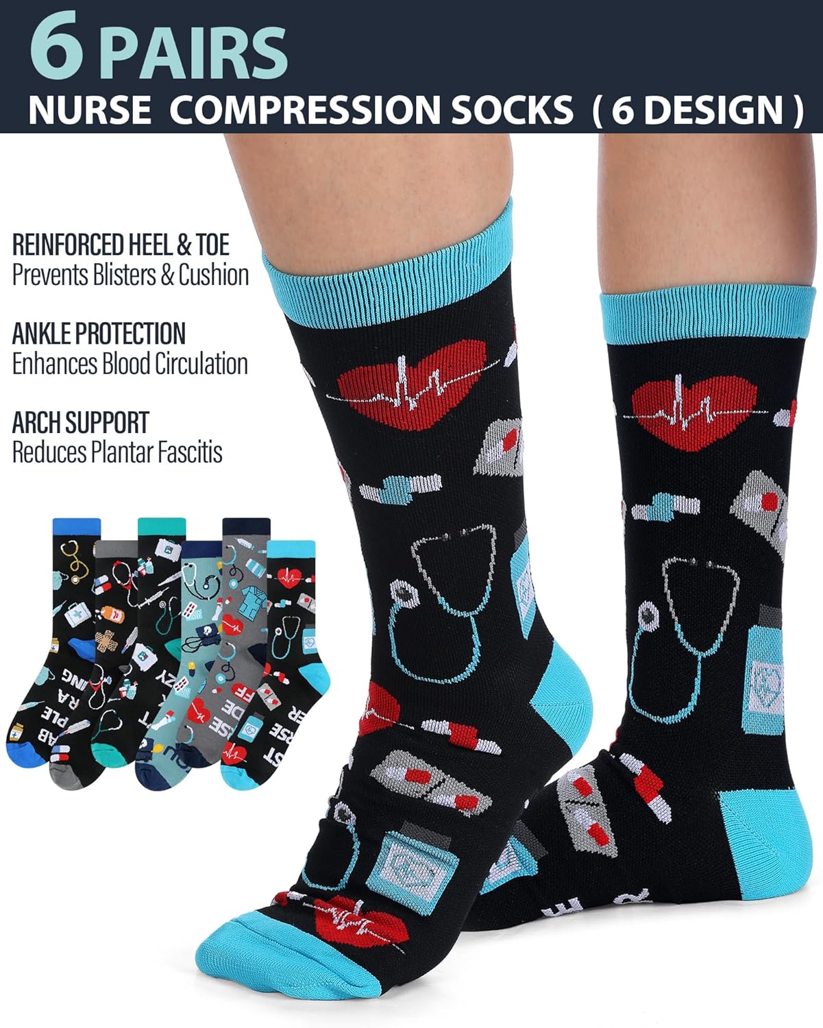 6 Pairs Novelty Nurse Socks for Men Funny Compression Cotton Crew Socks Nursing Week Gift for Nurses Medical Worker Dental Assistant - Image 6