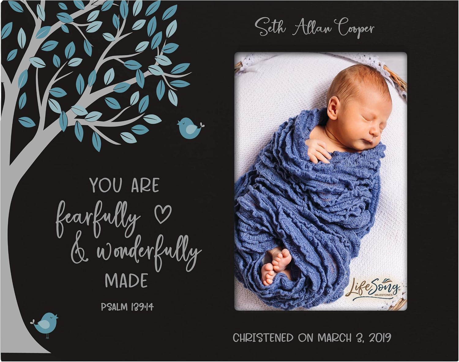 LifeSong Milestones Personalized Baptism Photo Frame Blessing for Child 1st Holy Communion Picture Frame 4” x 6” - Fearfully and Wonderfully (Girl Black)