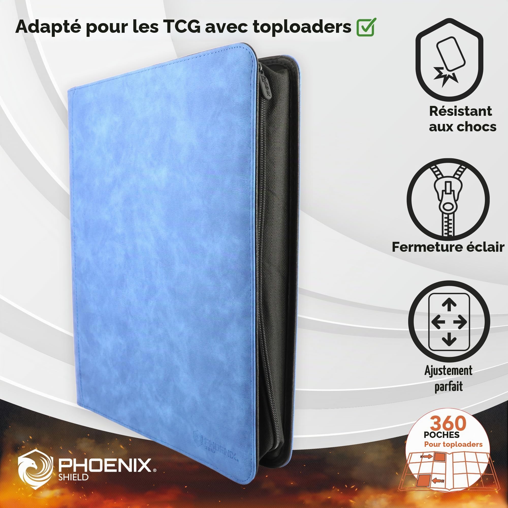 Phoenix Shield 69109 – Album Bleu effet cuir 9 pochettes pour cartes en toploader (360 cartes) – Classeur rigide à fermeture éclair avec ouverture latérale