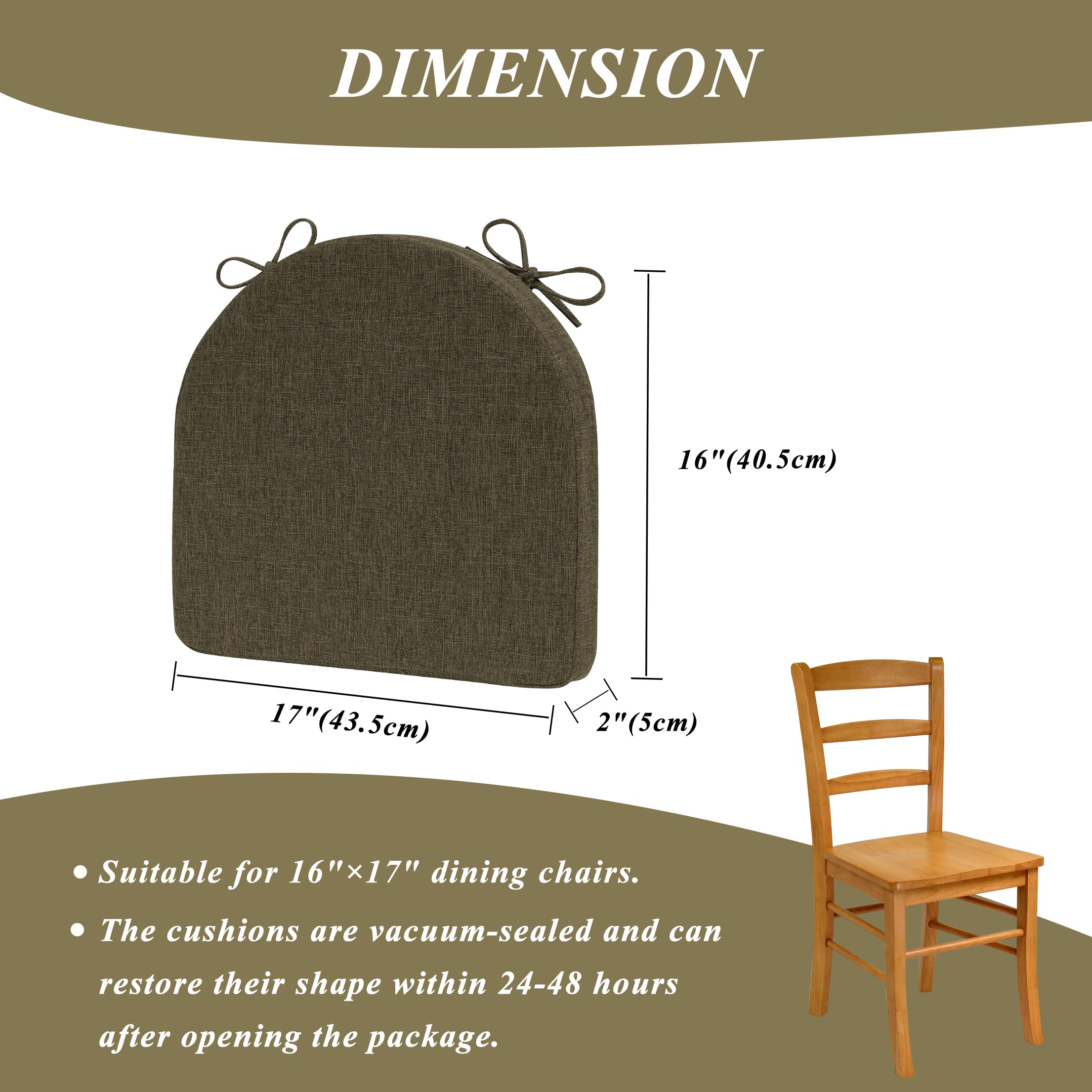 FlyGulls Chair Cushions for Dining Chairs U-Shaped Seat Cushion with Non-Slip Back for Kitchen Office Chair Extra Thick Chair Pads with Ties 4 Pack(Khaki 17.5