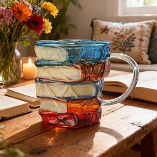 3D Painted Book Stack Glass Coffee Mug,Painted Books Mug Stained Glass, Colorful Heat-Resistant Cup, Christmas & Holiday Gifts for Books Lovers,Novelty Coffee Mugs,Book coffee mugs (COLORA, 1PCS)