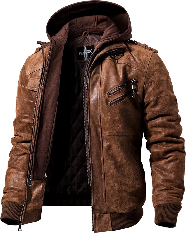 FLAVOR Men Brown Leather Motorcycle Jacket with Removable Hood | Genuine Leather, Removable Hood, Windproof, Multi Pockets, Fall Winter Coats, Riding and Daily Wear, Moto Biker Jacket Men
