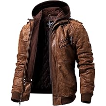 Men Brown Leather Motorcycle Jacket with Removable Hood