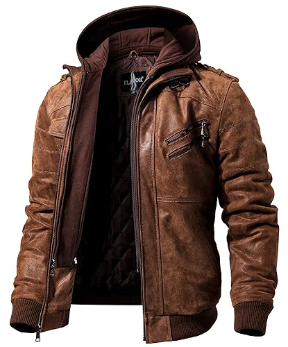 Chaqueta de moto FLAVOR de cuero marrón para hombre con capucha extraíble