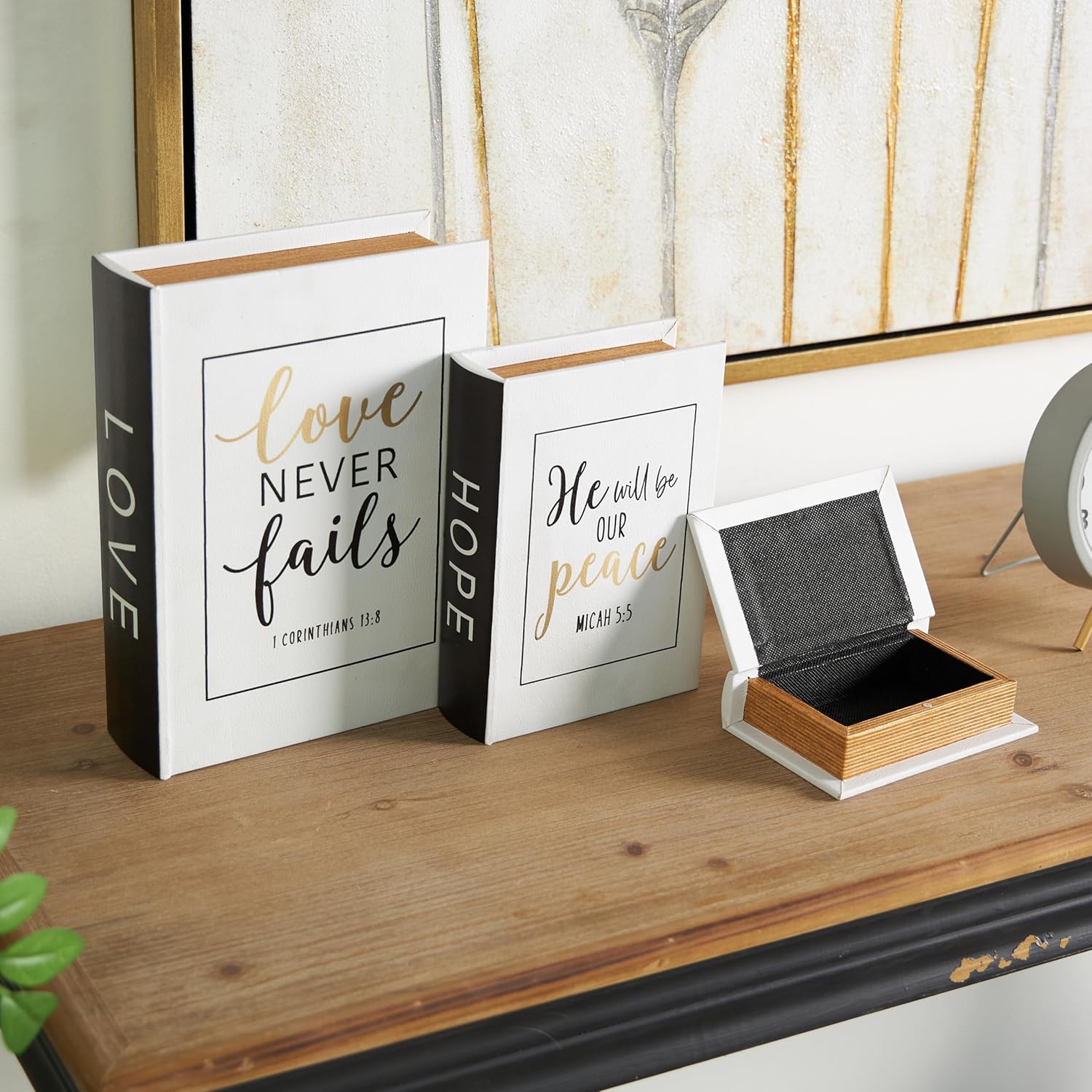 Deco 79 Wooden Decorative Box Love, Hope, Faith Faux Storage Book Book Shaped Boxes with Black Spine and Gold Accents, Set of 3 Decorative Keepsake Boxes 11", 8", 6"H, White