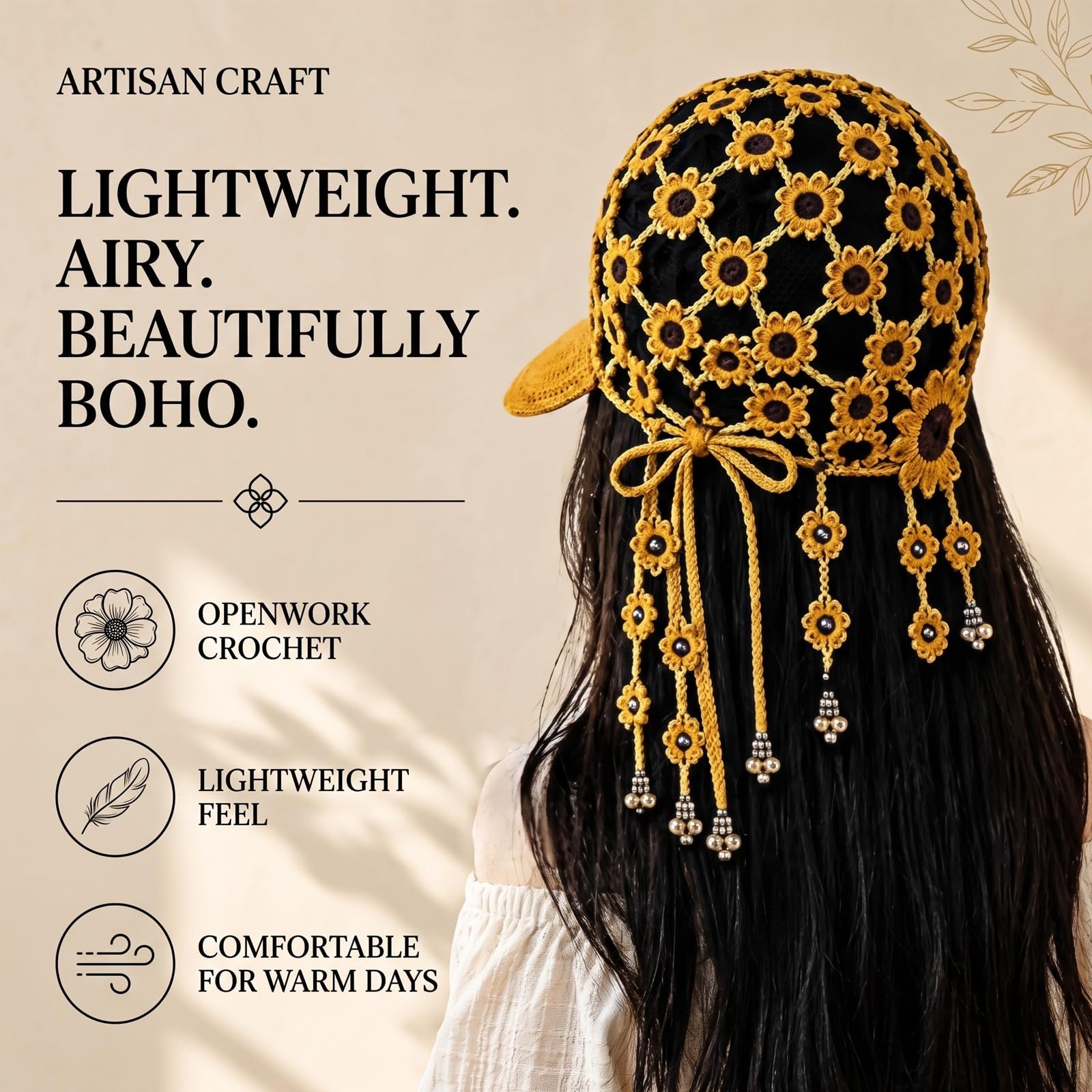 Gorra béisbol ahuecada girasol punto, sombrero sol bohemio transpirable