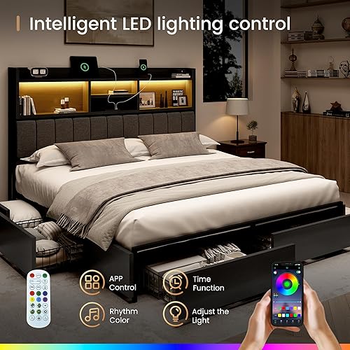 Miniatura 4 de Base de cama King con 6 cajones de almacenamiento, cabecera tapizada de lino, estación de carga USB integrada e iluminación LED, soporte de metal