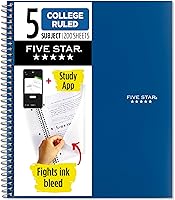 Five Star 5-Subject Spiral Notebook with Study App, College Ruled, 200 Sheets, Ink Bleed-Resistant, Water-Resistant Cover, 8.5x11"