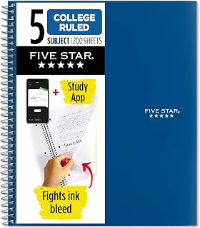 Five Star 5-Subject Spiral Notebook with Study App, College Ruled, 200 Sheets, Ink Bleed-Resistant, Water-Resistant Cover, 8.5x11"