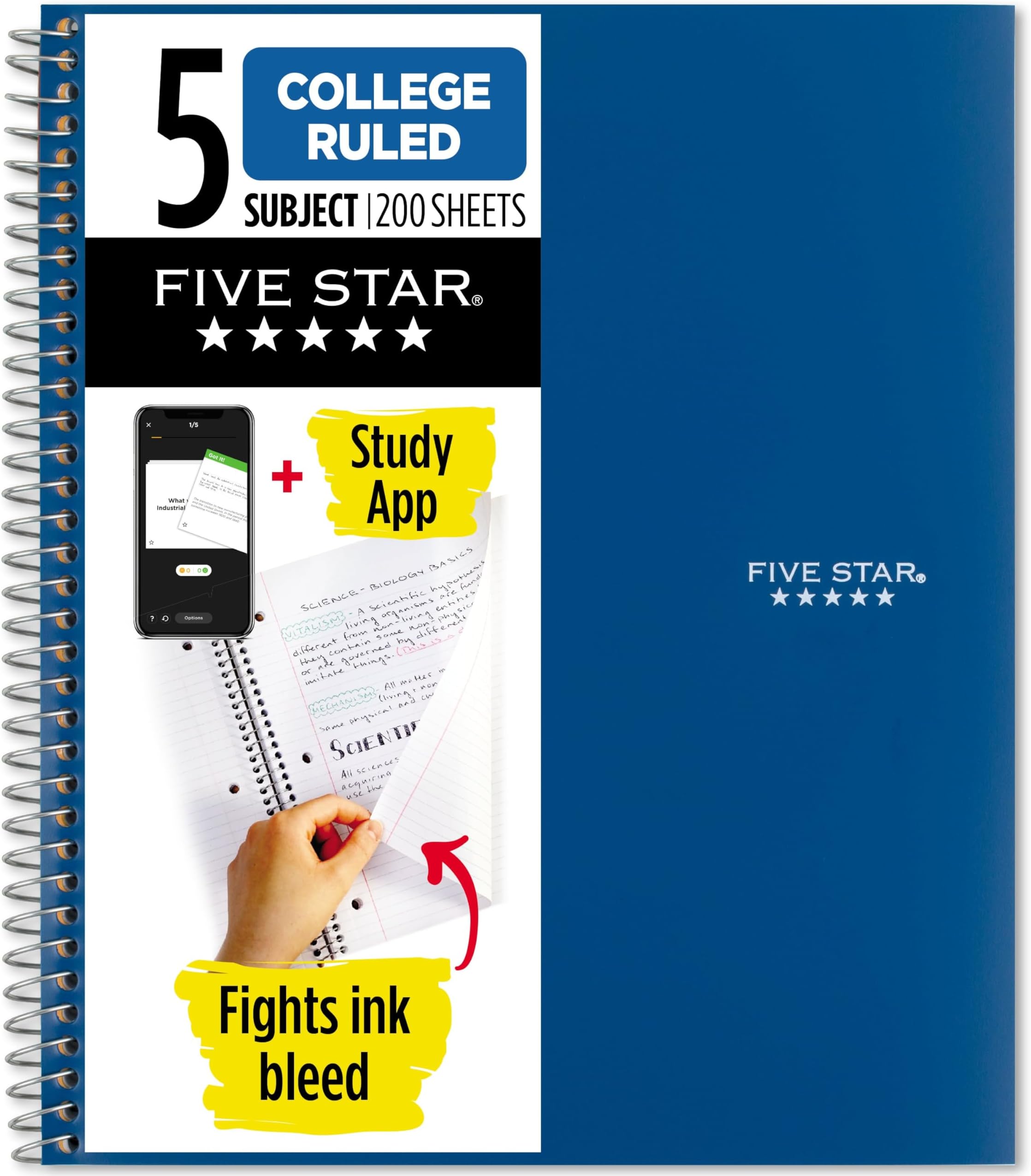 Spiral Notebook + Study App, 5 Subject, College Ruled Paper, 8-1/2" x 11", 200 Sheets, Fights Ink Bleed, Water Resistant Cover, Pacific Blue (73635)