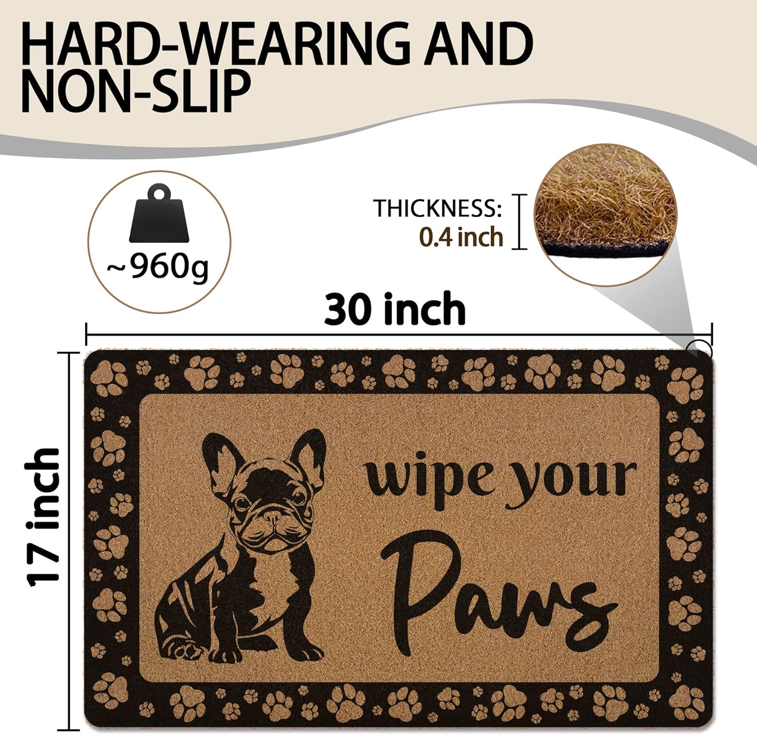 French Bulldog Wipe Your Paws Door Mat, Funny Frenchies Dog Artificial Coir Front Door Mat Indoor Outdoor Entrance, Doormat Rug Gifts for Dogs Owners Women Porch Entryway Patio Decor,17X30 Inch