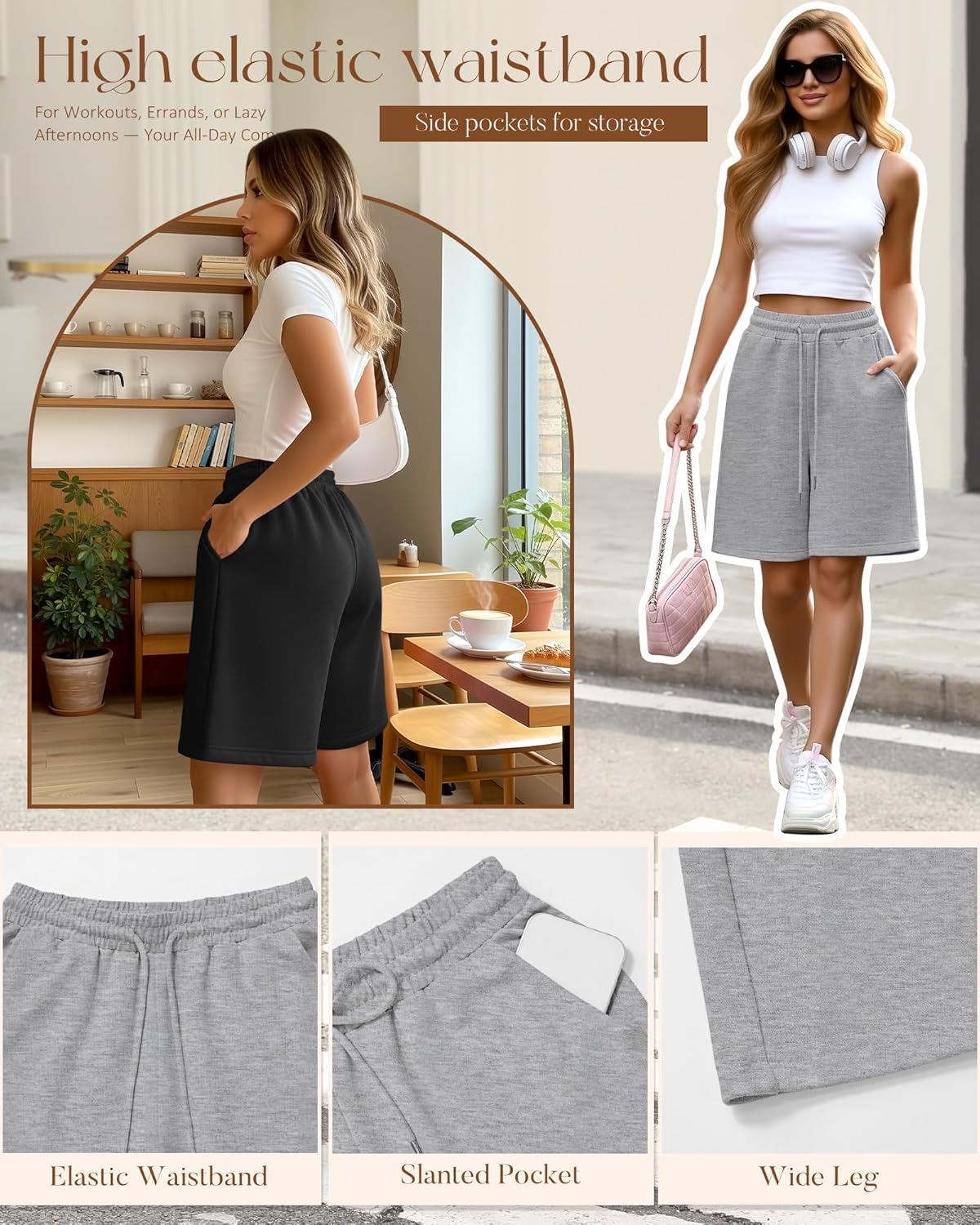 3 Pack Women's Bermuda Shorts Pockets High Waist Knee Length Casual Athletic Drawstring Summer Loose SweatShorts