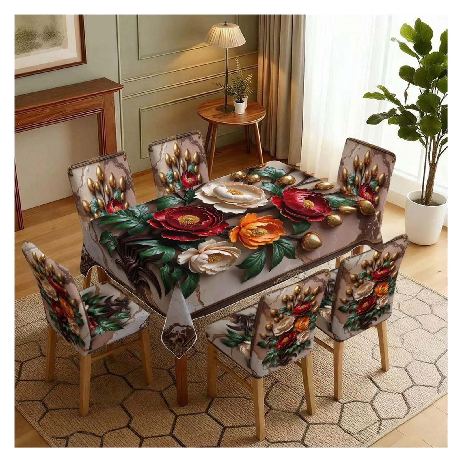 KXUAUV Luxury Floral Marble Print Stretch Dining Chair Covers Tablecloth Set, For Kitchen Dining Living Room Elegant Glam Decor, 5/7 Pack Party Decor(7pcs Set: Tablecloth+Chair Covers)