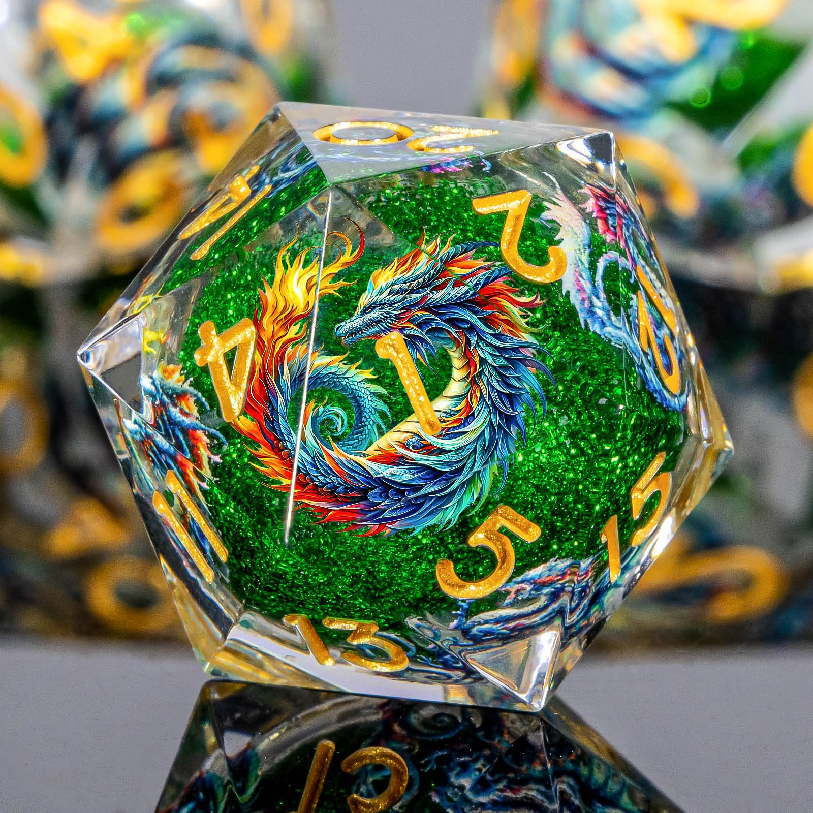 Roycevon Dragon Pattern Liquid Core DND Dice Set, 7Pcs Sharp Edge D&D Dice with Gift Box, Green Resin Dungeons Dragons D and D Role Playing Dice D20