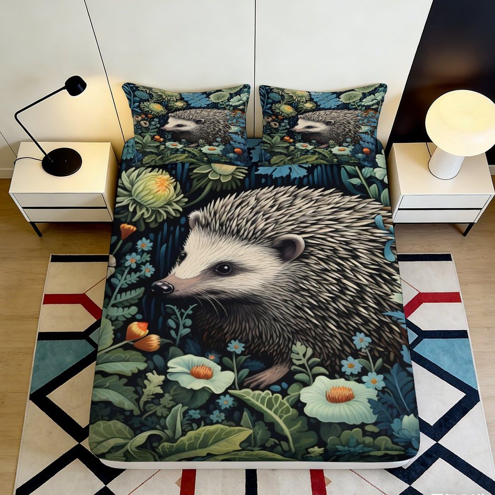 3D Printed Hedgehog Forest Fitted Sheet Microfiber Deep Pocket Non-Slip Bedroom Bedding Hedgehog Mattress Fitted Cover Washable for Adults 160x200x25cm
