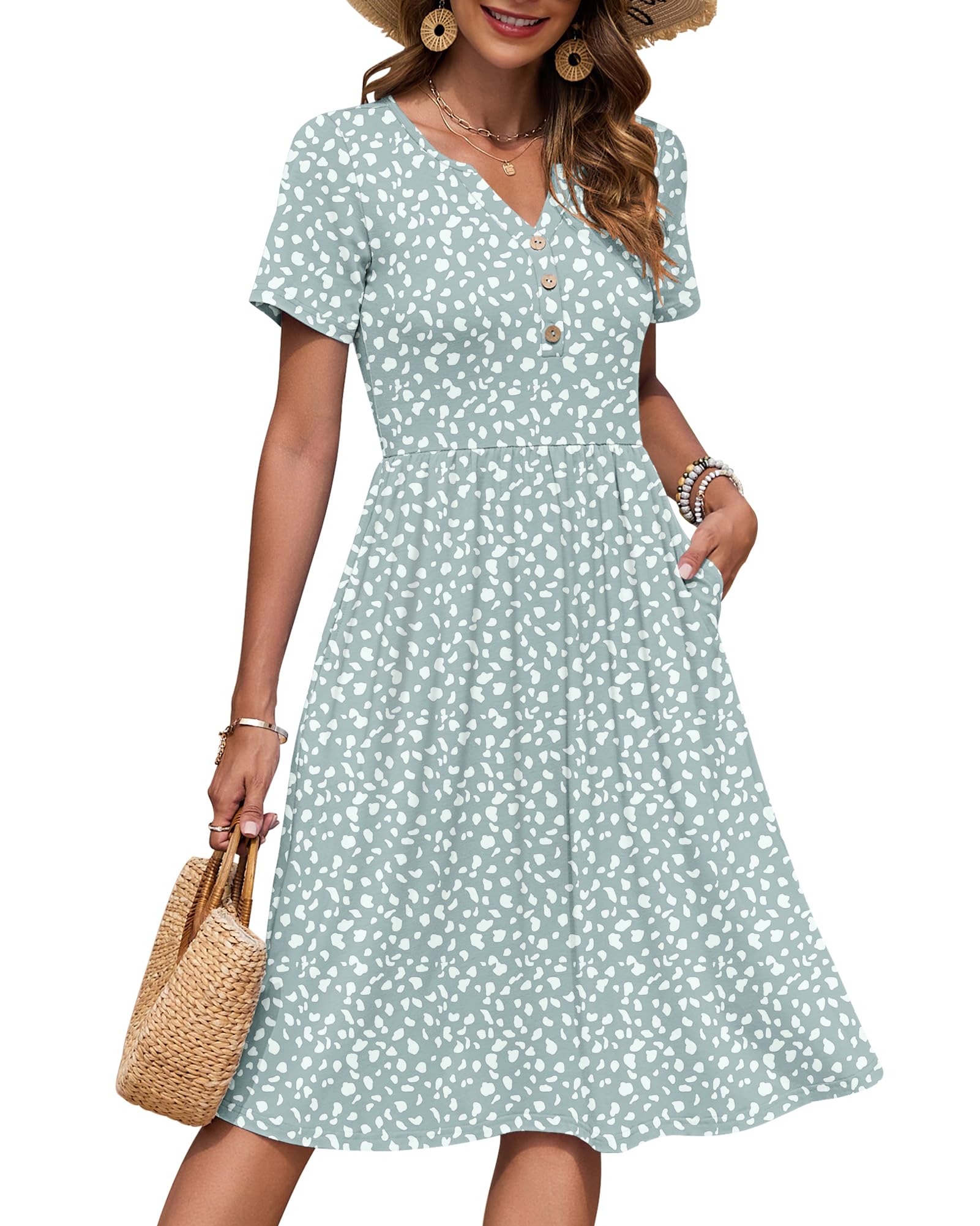 AUSELILY Vestido Verano Manga Corta Mujer Largo hasta La Rodilla Estilo Imperio Informal con Cuello en V Plisado y Bolsillos