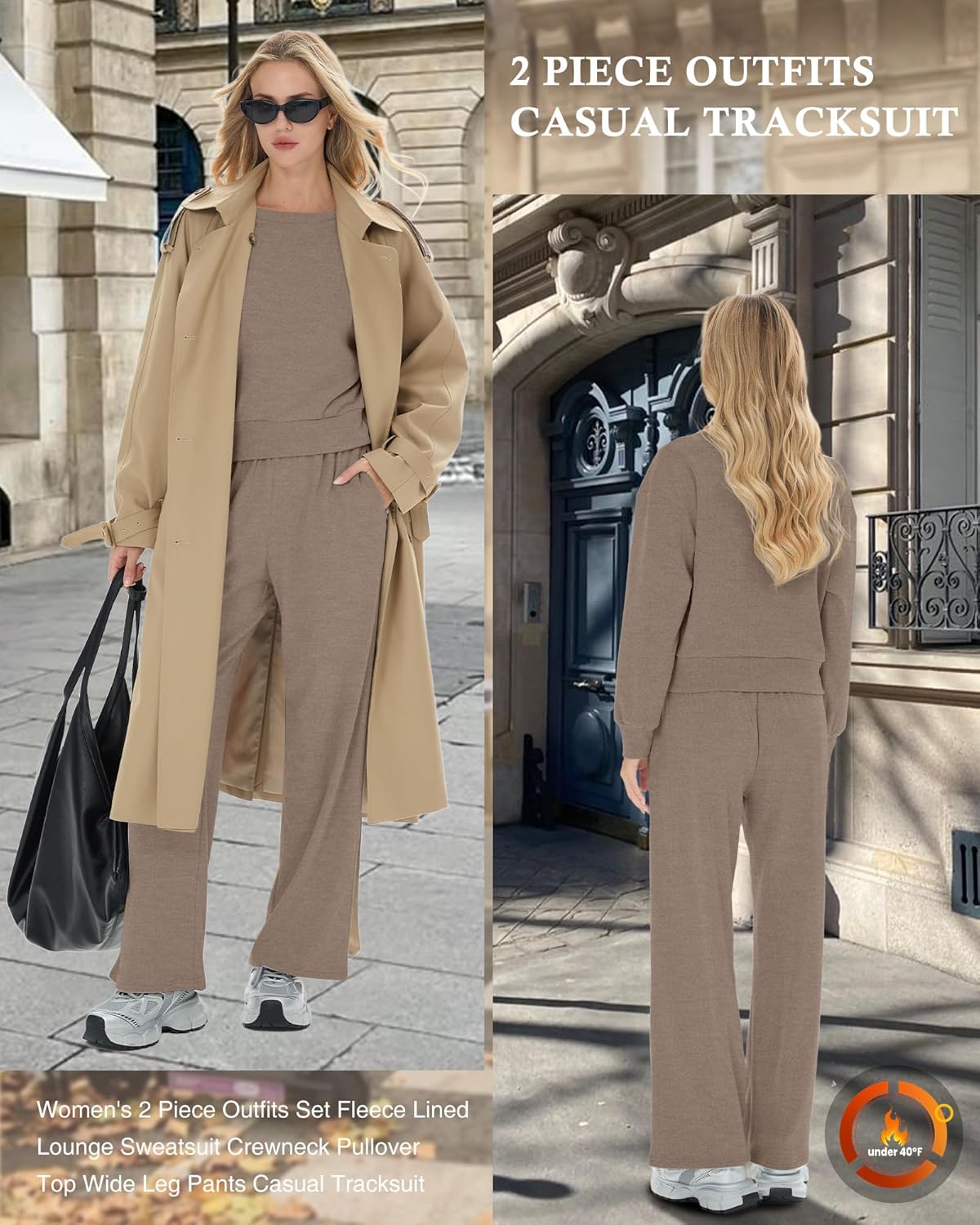 Women's 2 Piece Outfits Set Fleece Lined Lounge Sweatsuit Crewneck Pullover Top Wide Leg Pants Casual Tracksuit(Mocha,Small)